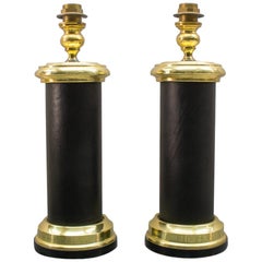 Pair Large Italian Table Lamps in Gold and Leather, Italy, 1960s
