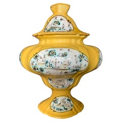 Pair Italian Yellow Faience Majolica Lidded Urns