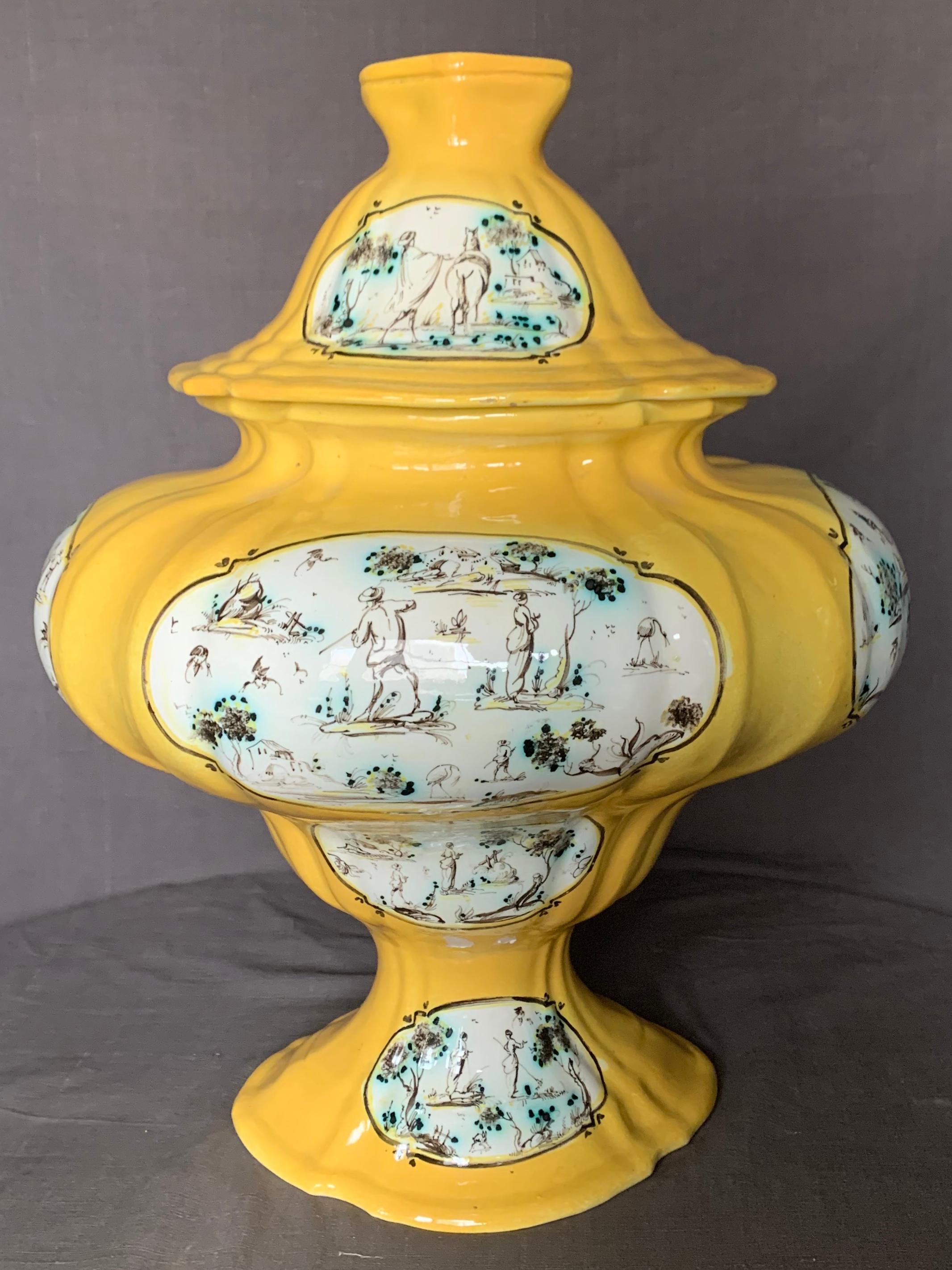 Pair Large Italian Yellow and Green Majolica Urns Tureens For Sale 5