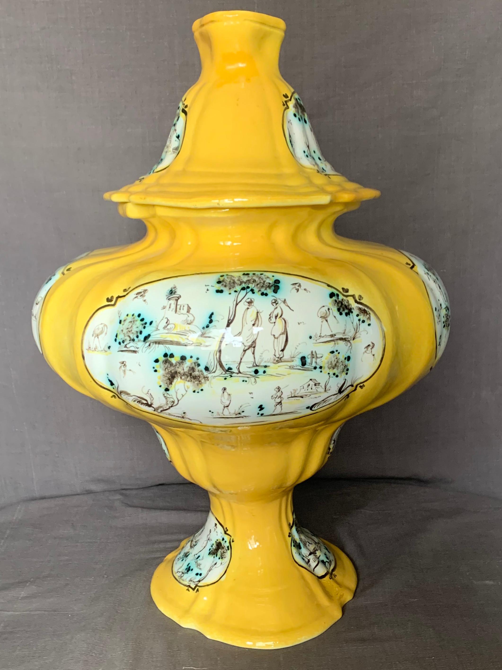 Pair Large Italian Yellow and Green Majolica Urns Tureens For Sale 6