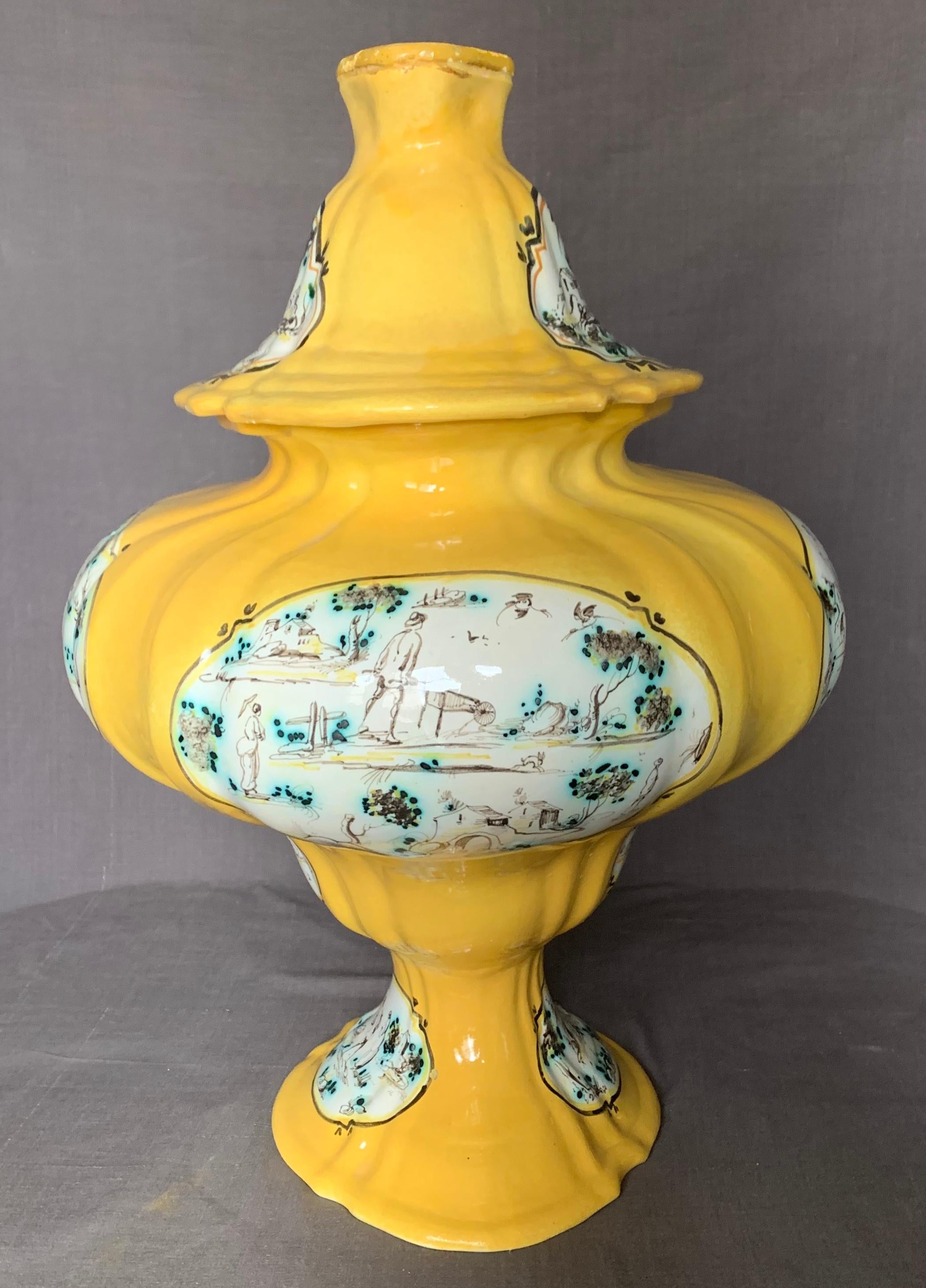 Pair Large Italian Yellow and Green Majolica Urns Tureens For Sale 3