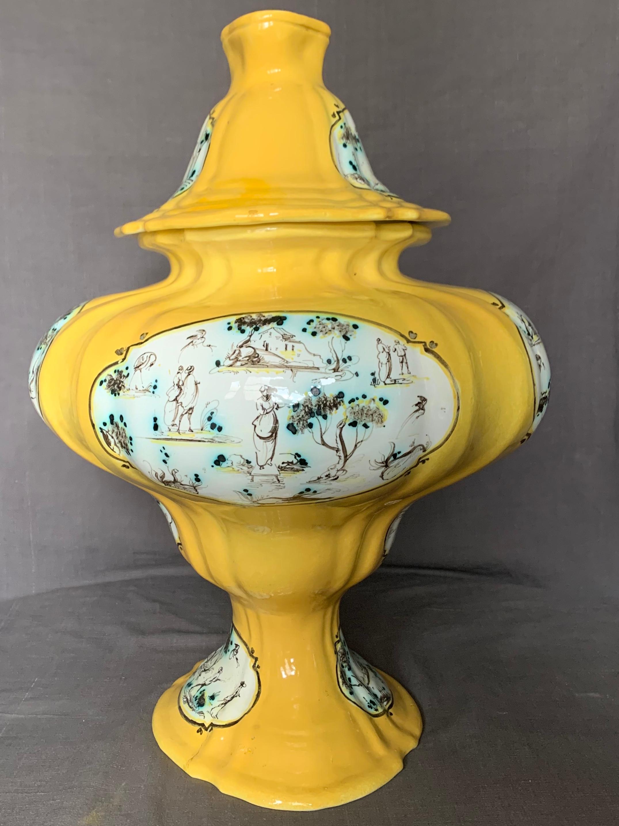 Pair Large Italian Yellow and Green Majolica Urns Tureens For Sale 4