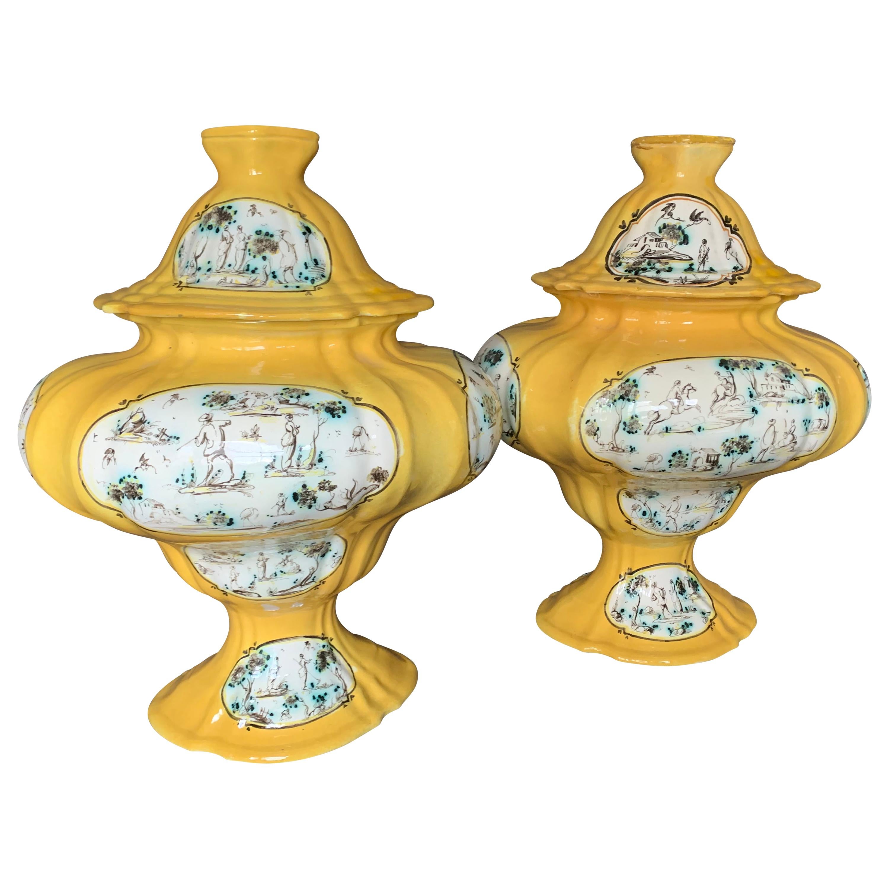 Hand-Painted Pair Large Italian Yellow and Green Majolica Urns Tureens For Sale