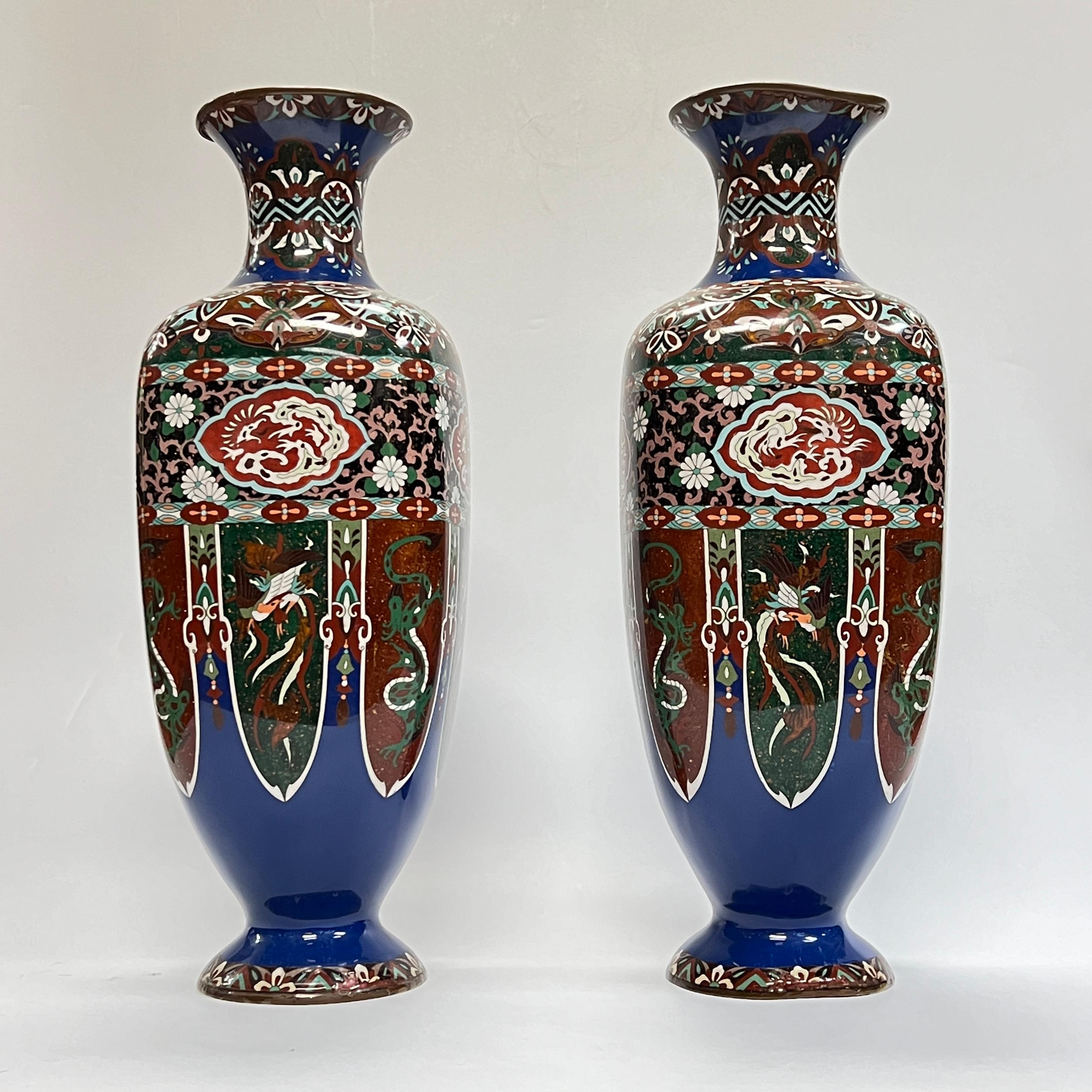 Pair Large Japanese Cloisonne Enamel Metal Vases For Sale 5