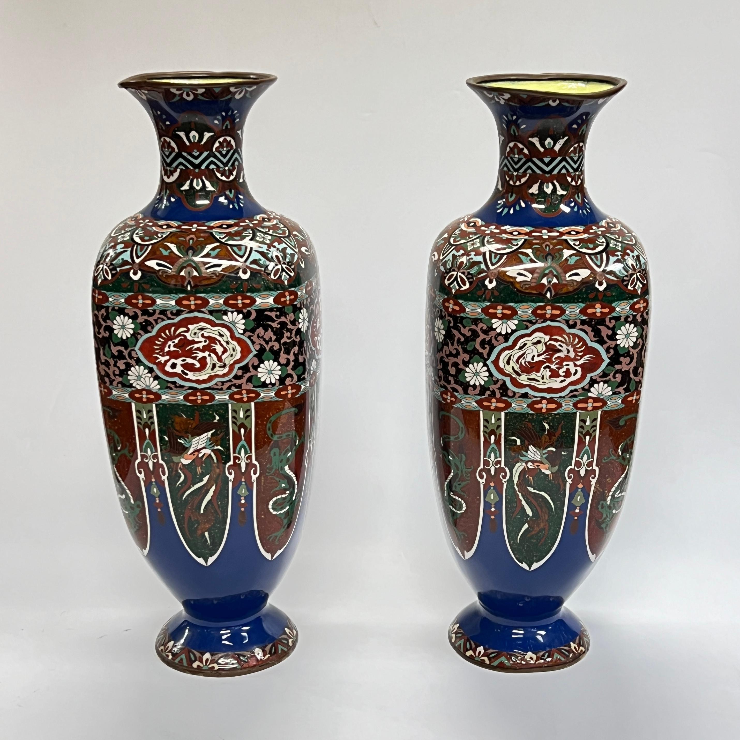 Pair Large Japanese Cloisonne Enamel Metal Vases For Sale 6