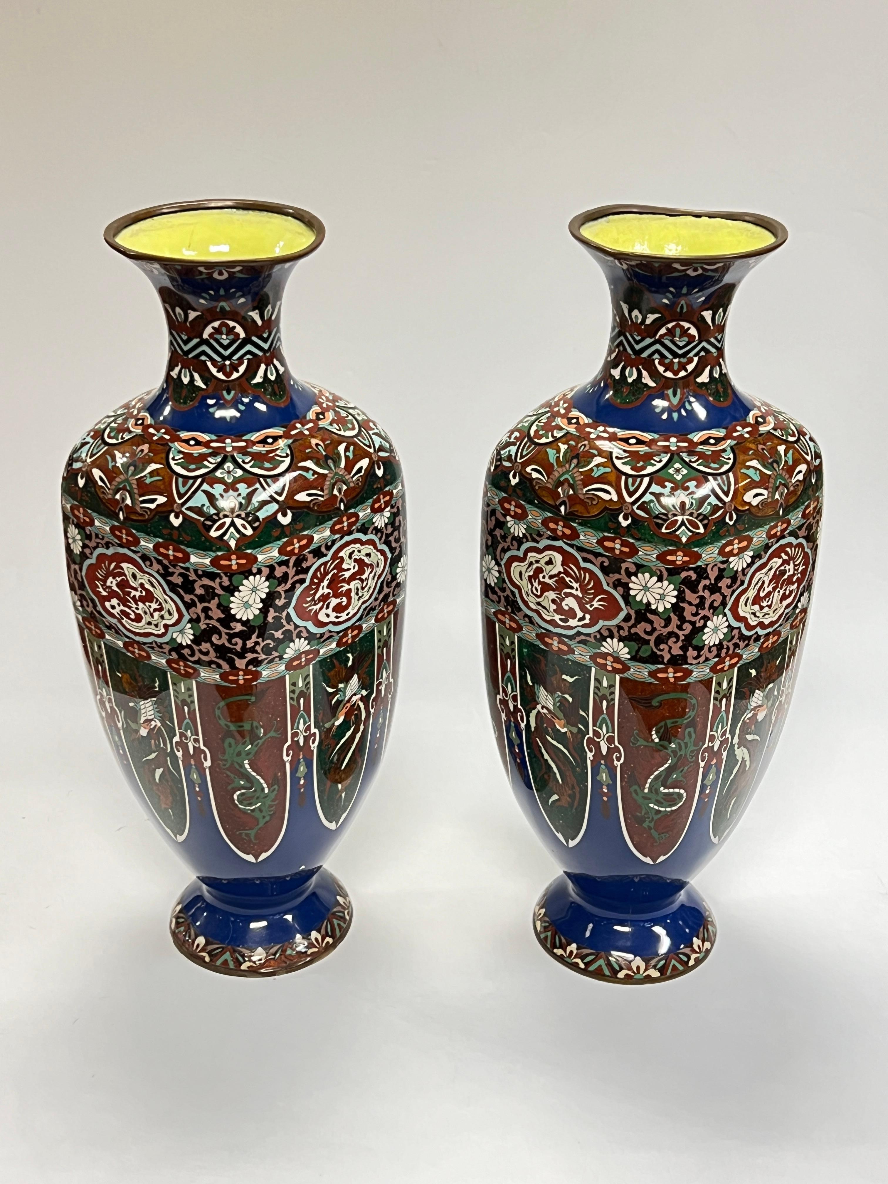 Cloissoné Pair Large Japanese Cloisonne Enamel Metal Vases For Sale