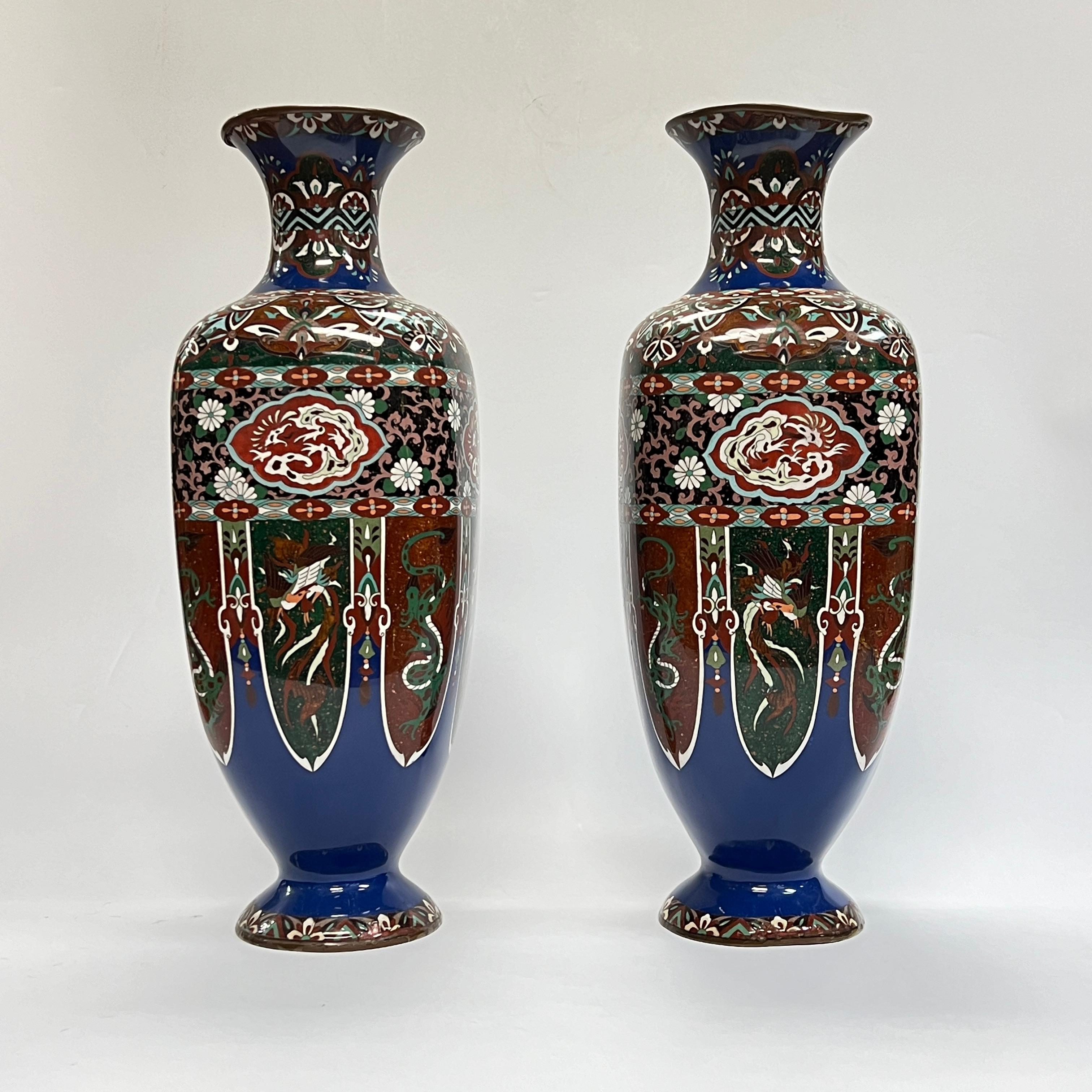 Pair Large Japanese Cloisonne Enamel Metal Vases For Sale 3