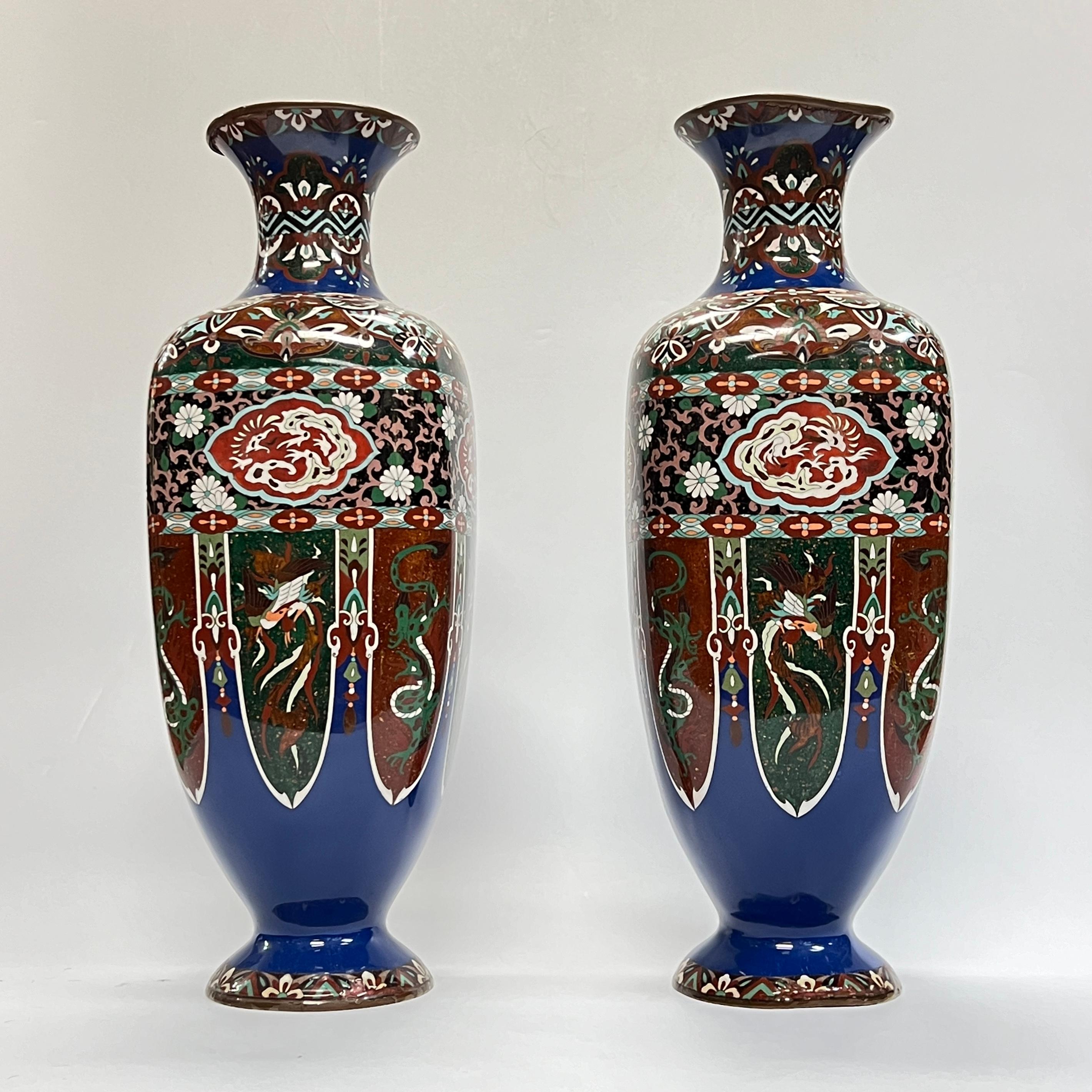 Pair Large Japanese Cloisonne Enamel Metal Vases For Sale 4