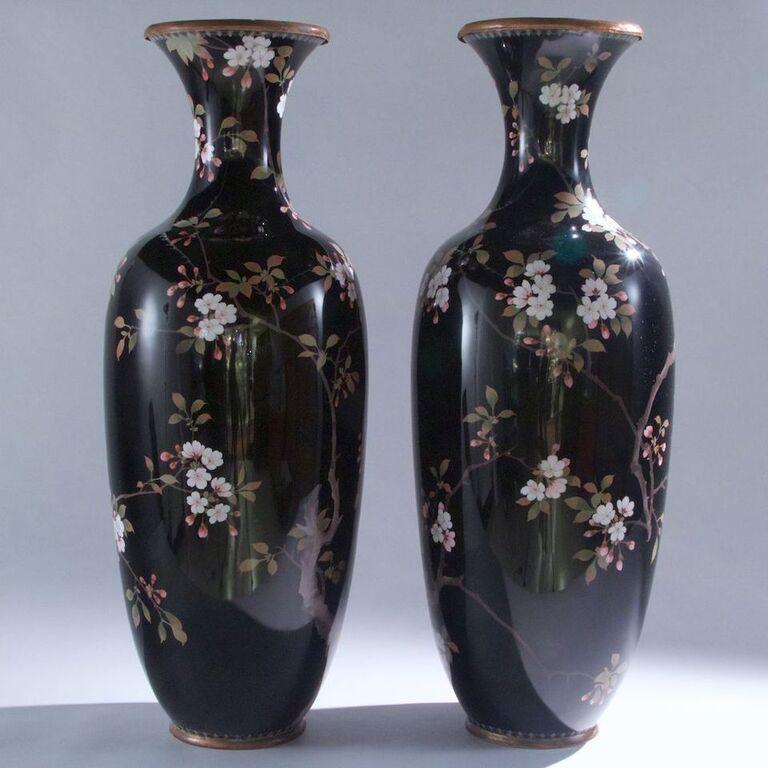 Pair of large Japanese cloisonné vases depicting exotic birds.
Meiji period.