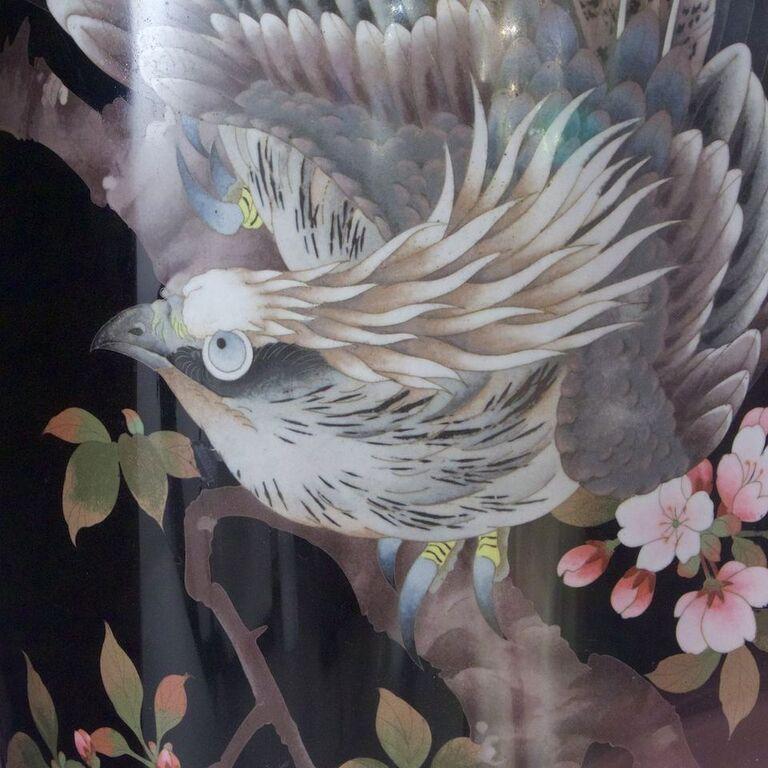 Cloissoné Pair of Large Japanese Cloisonné Vases Depicting Exotic Birds