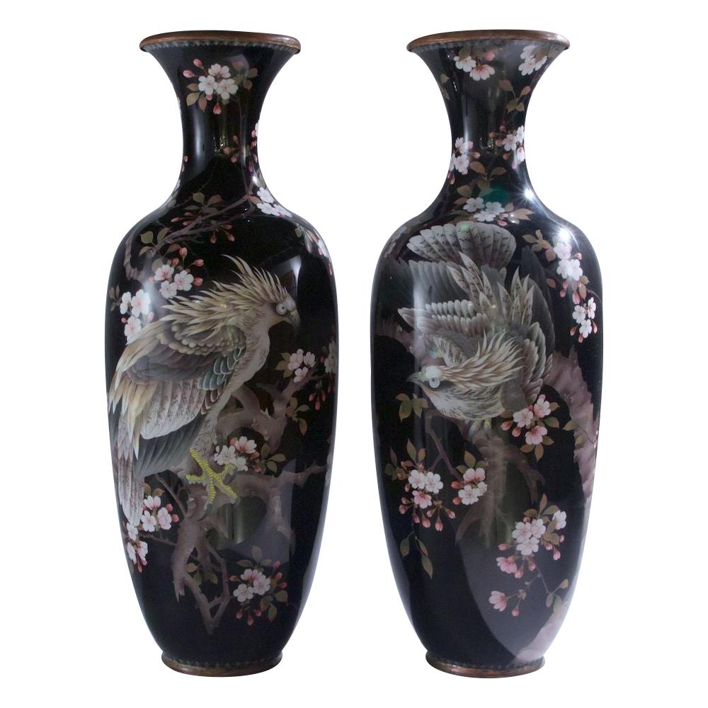 Pair of Large Japanese Cloisonné Vases Depicting Exotic Birds
