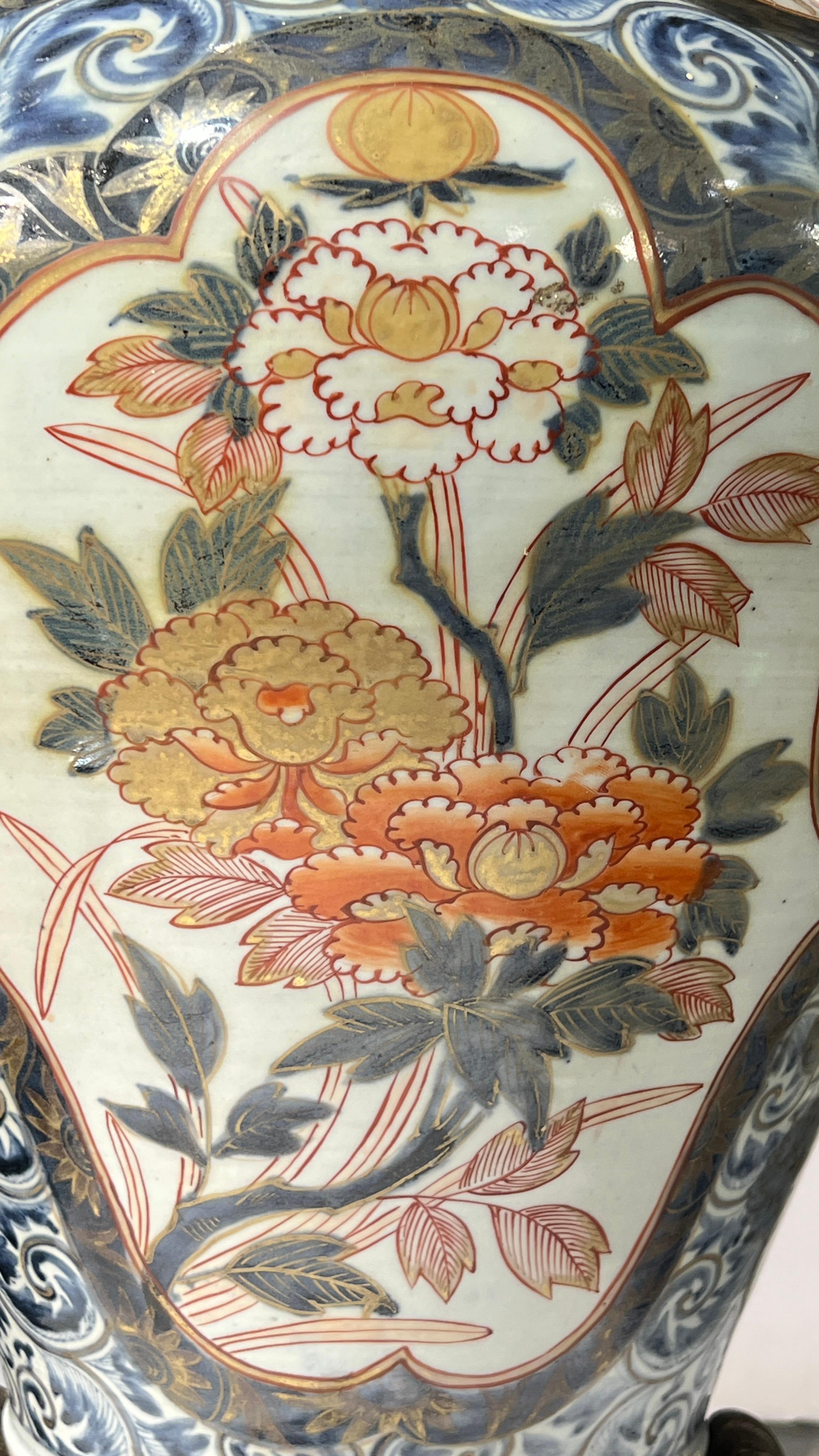 Pair Large Japanese Imari Porcelain Vase Form and Bronze Table Lamps For Sale 5