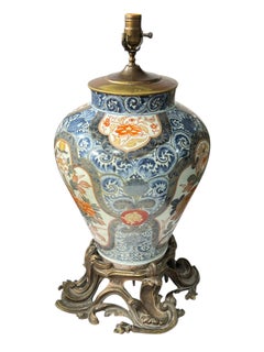 Pair Large Japanese Imari Porcelain Vase Form and Bronze Table Lamps