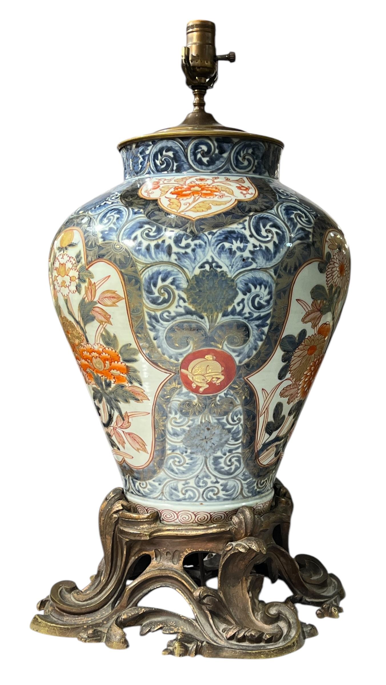 Patinated Pair Large Japanese Imari Porcelain Vase Form and Bronze Table Lamps For Sale