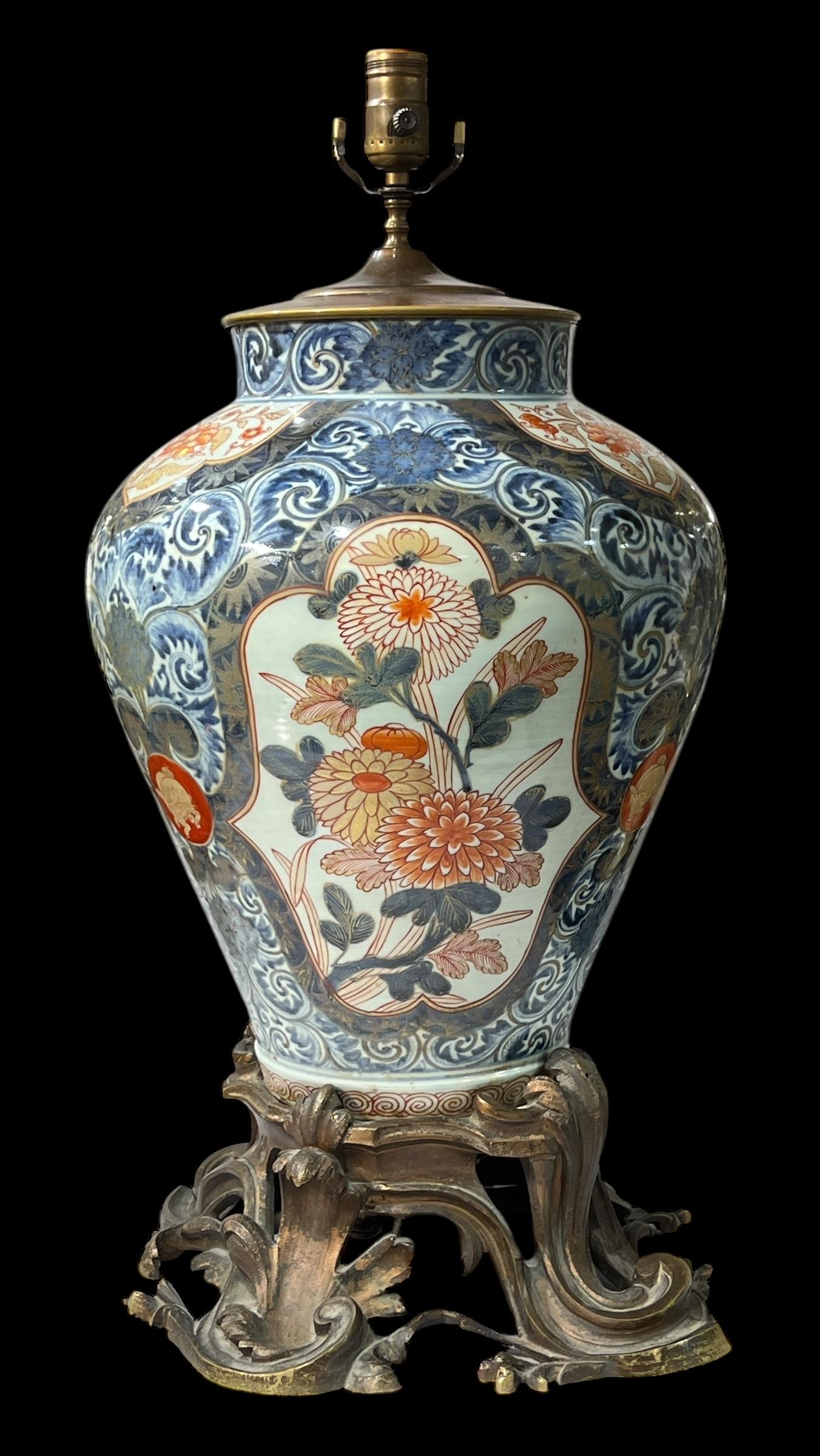 20th Century Pair Large Japanese Imari Porcelain Vase Form and Bronze Table Lamps For Sale