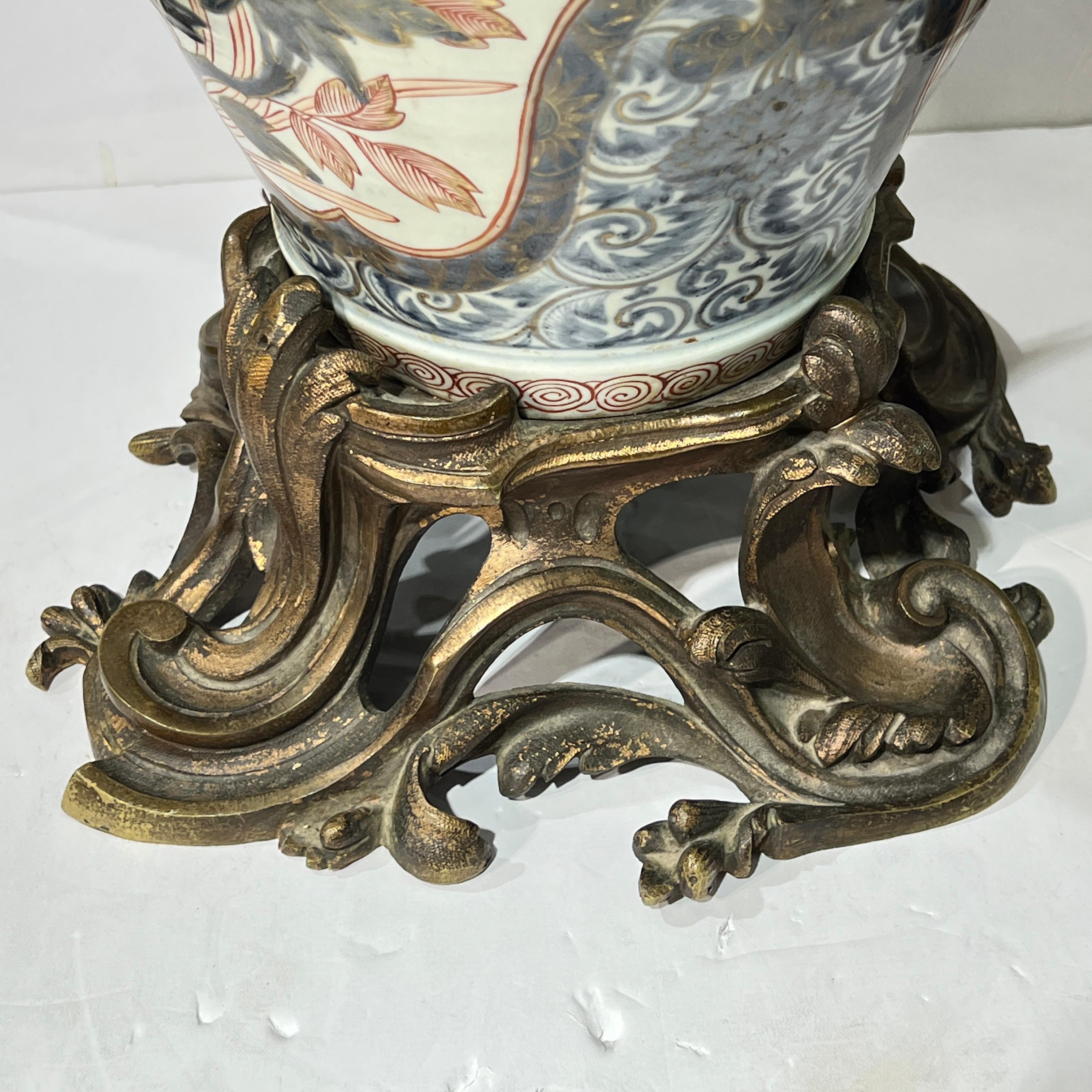 Pair Large Japanese Imari Porcelain Vase Form and Bronze Table Lamps For Sale 1