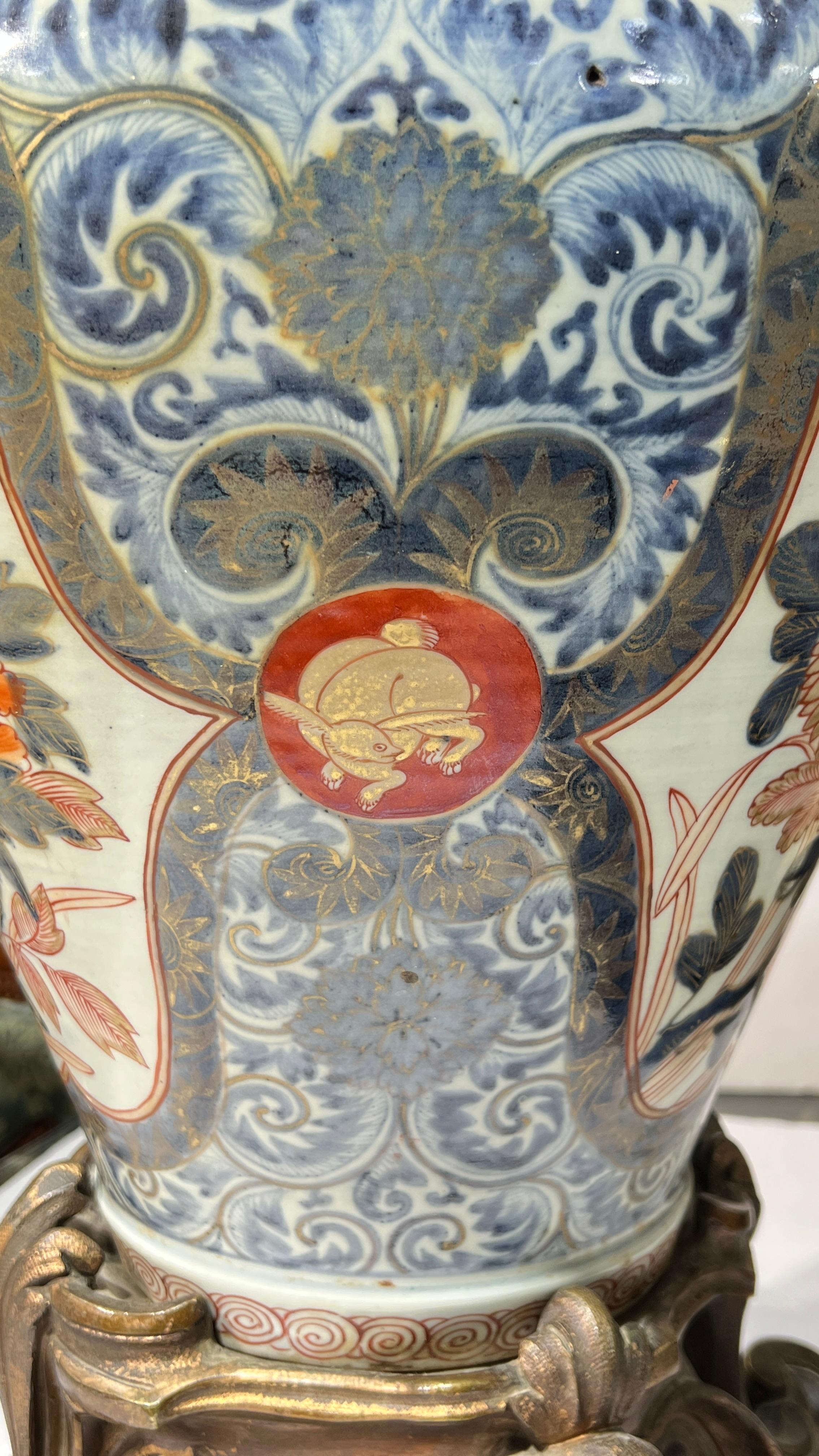Pair Large Japanese Imari Porcelain Vase Form and Bronze Table Lamps For Sale 3