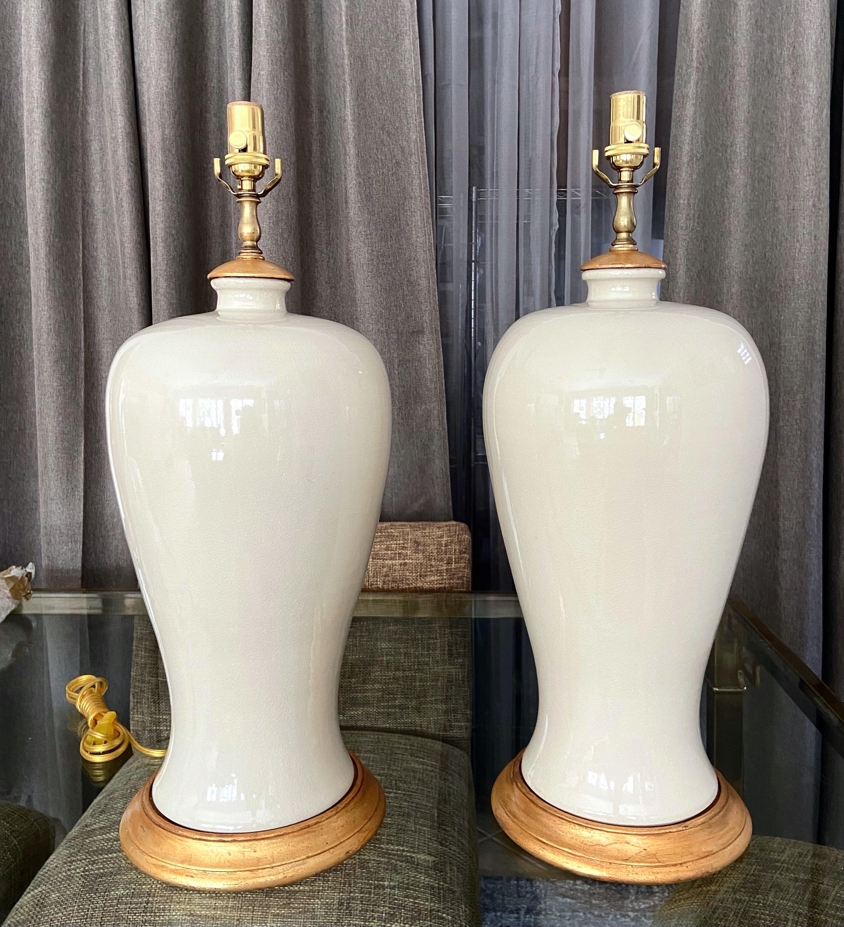 Pair Large Japanese Plume Blanc De Shine Porcelain Table Lamps In Good Condition In Palm Springs, CA