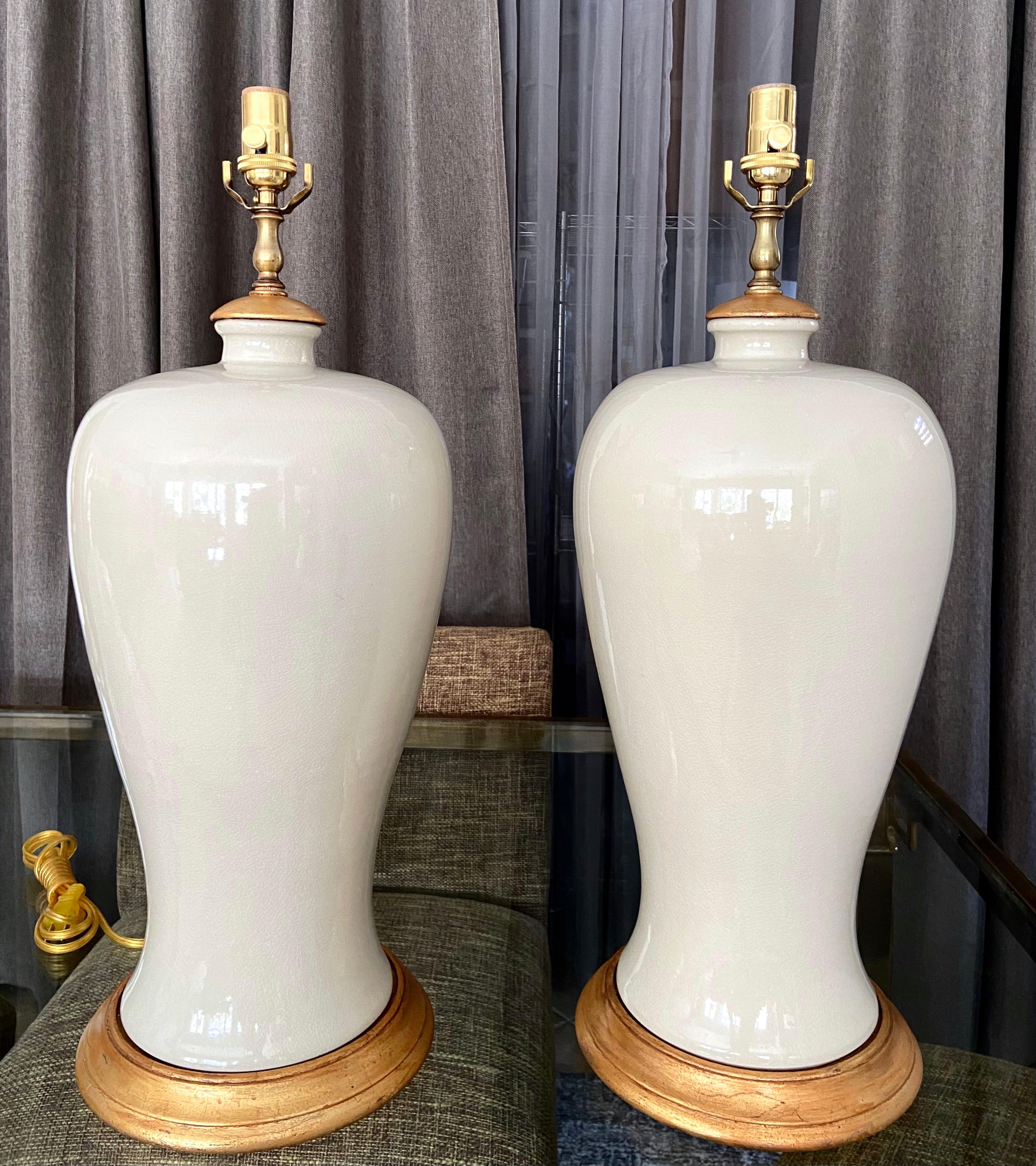 Giltwood Pair Large Japanese Plume Blanc De Shine Porcelain Table Lamps