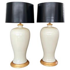 Retro Pair Large Japanese Plume Blanc De Shine Porcelain Table Lamps