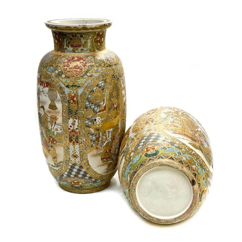 Pair Large Japanese Satsuma Hand Painted Porcelain Vases, Meiji Period 1