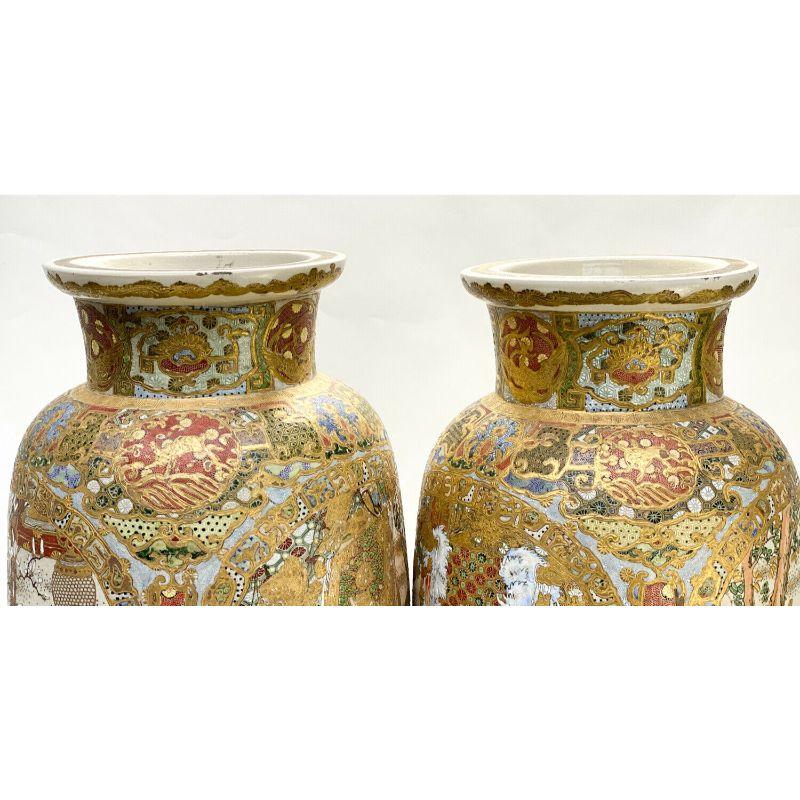 Pair Large Japanese Satsuma Hand Painted Porcelain Vases, Meiji Period 2