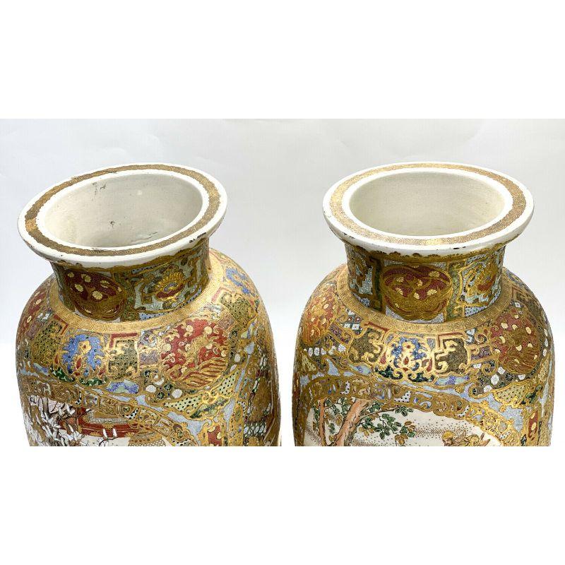 Pair Large Japanese Satsuma Hand Painted Porcelain Vases, Meiji Period 3