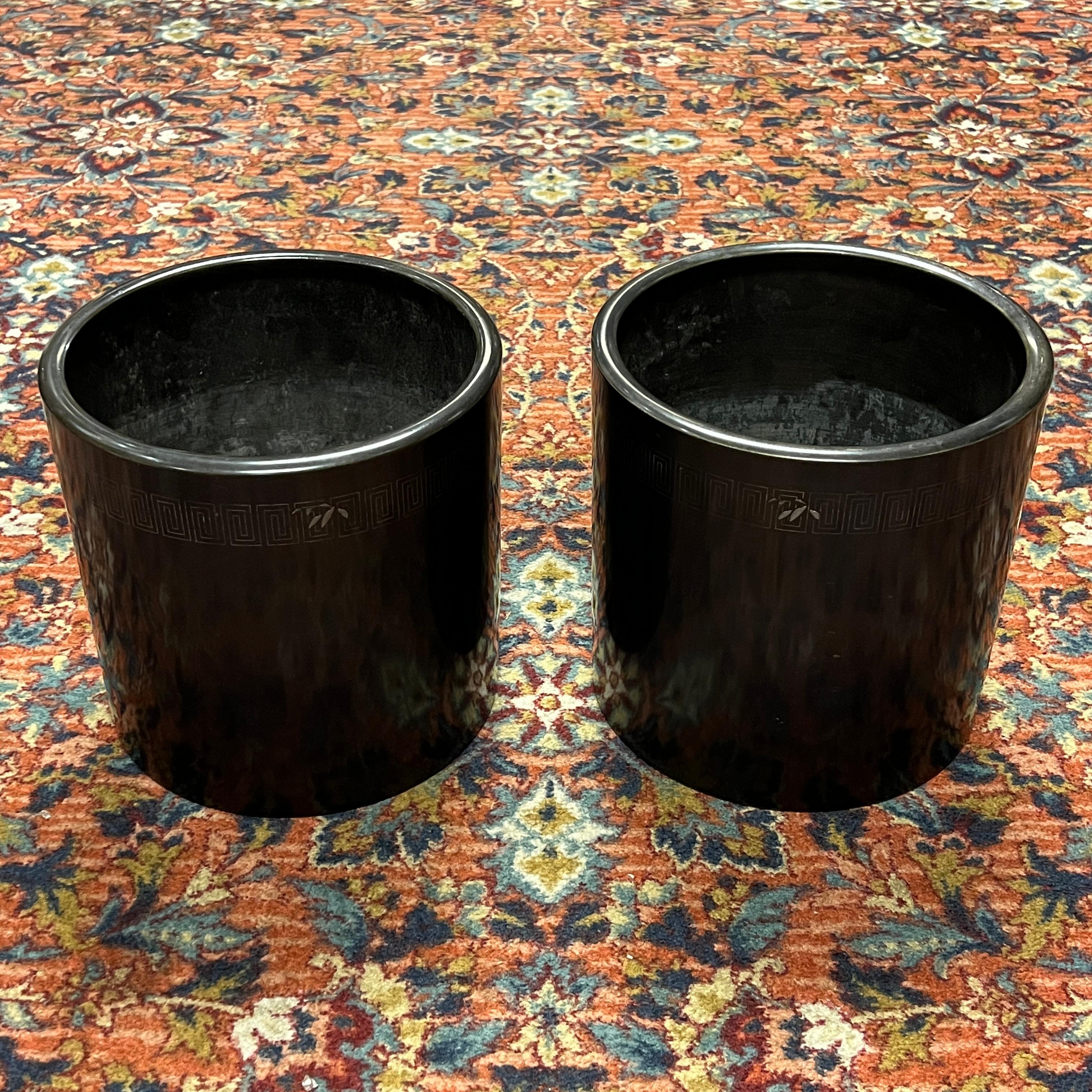 Pair Large Japanese Silver Inlaid Pots or Jardinieres For Sale 8