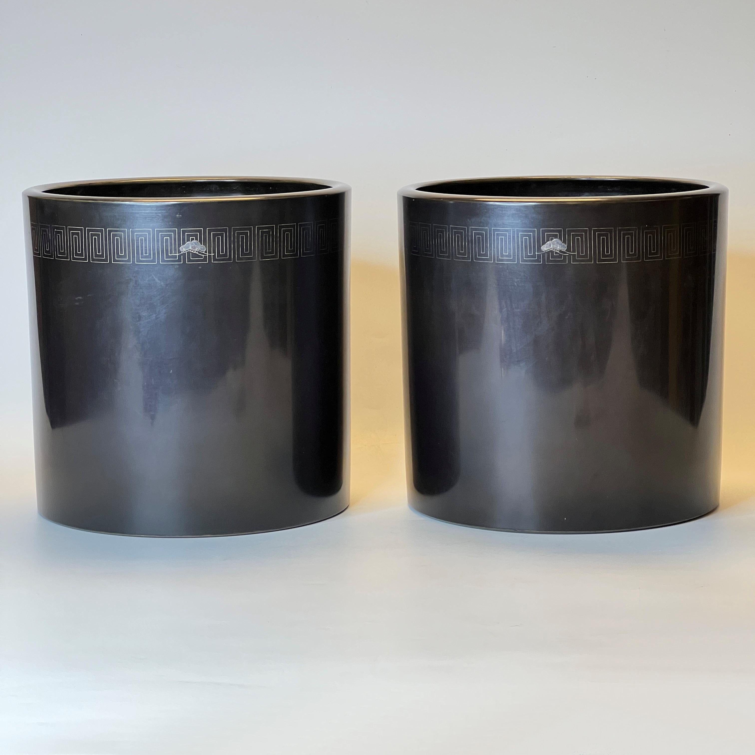 Meiji Pair Large Japanese Silver Inlaid Pots or Jardinieres For Sale
