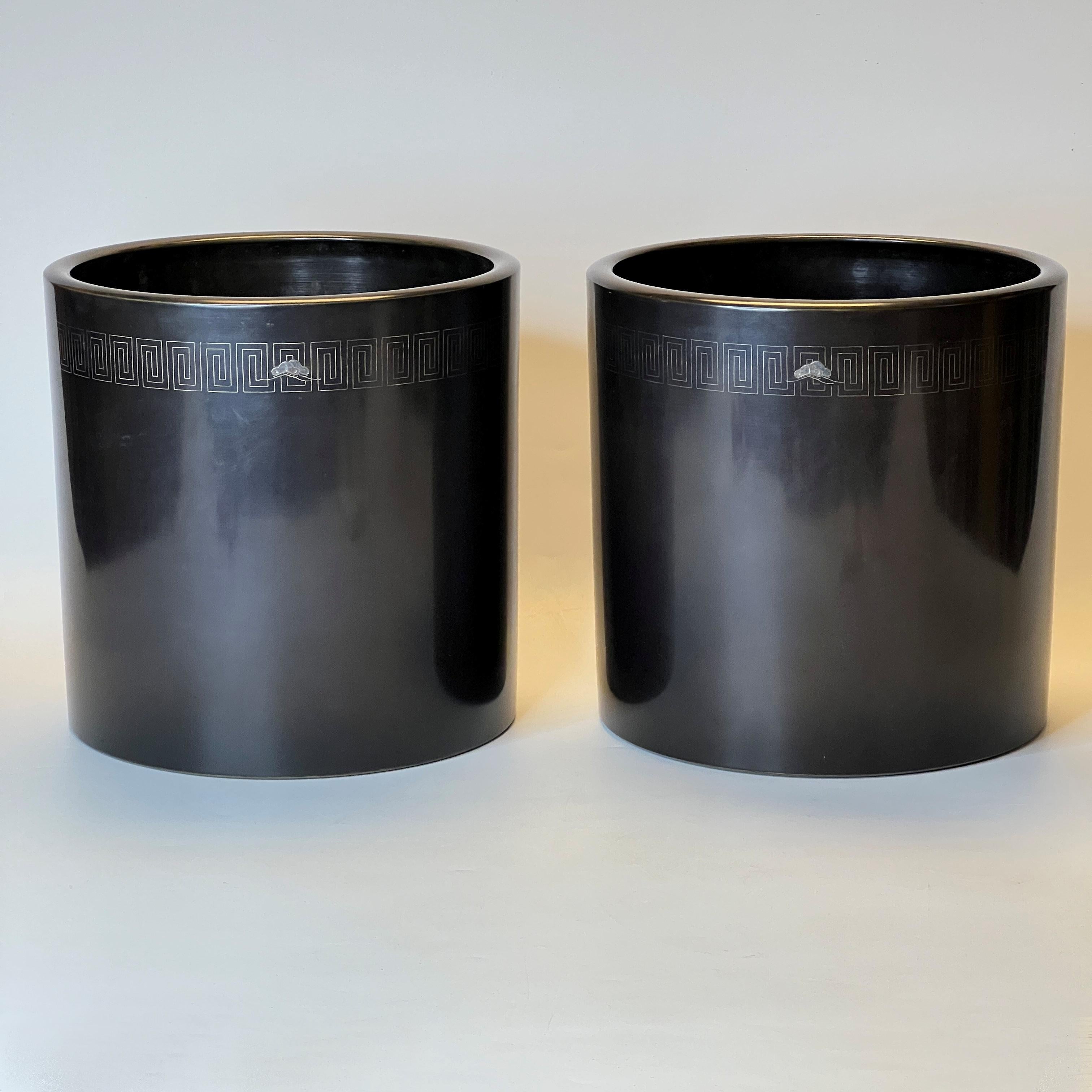 Inlay Pair Large Japanese Silver Inlaid Pots or Jardinieres For Sale