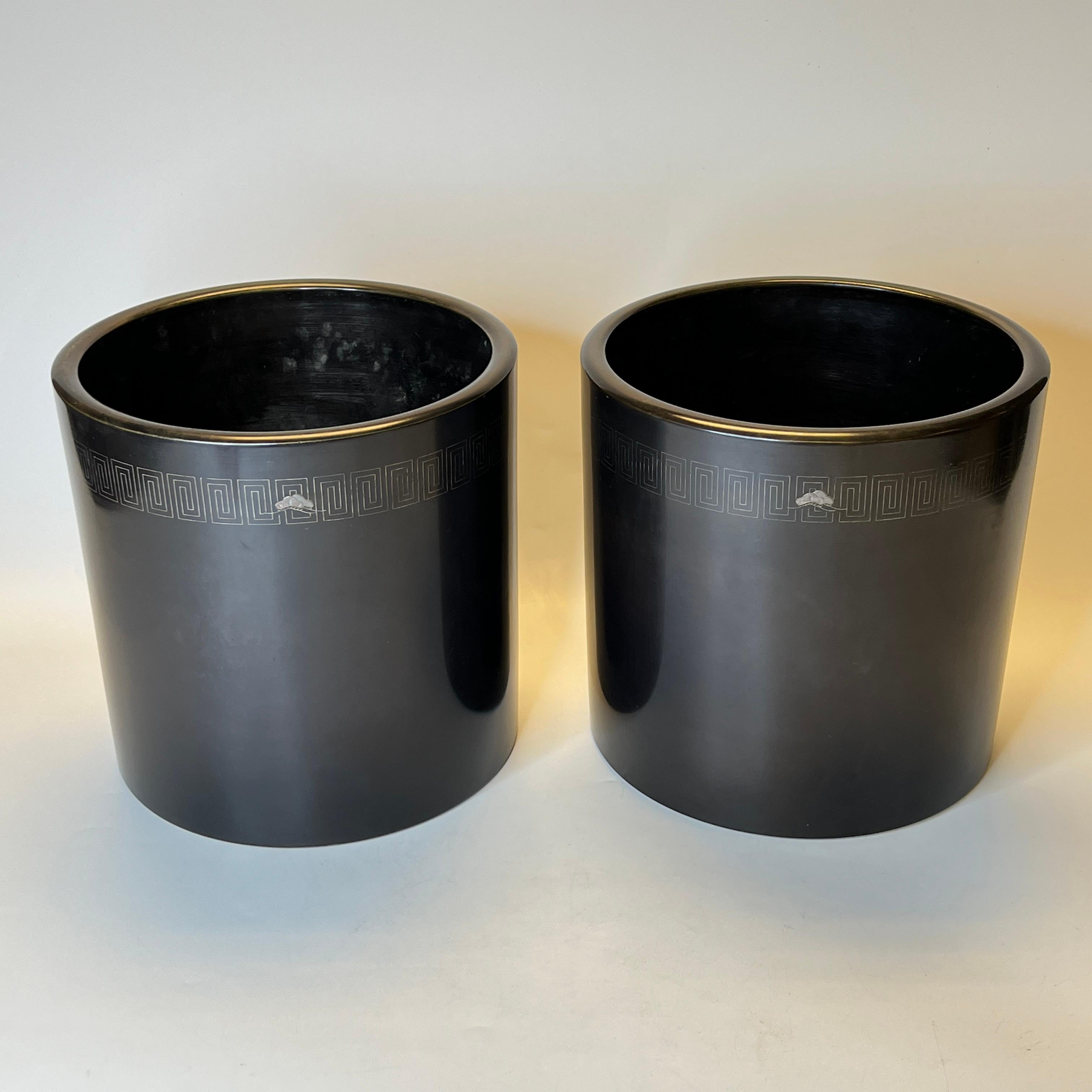 Pair Large Japanese Silver Inlaid Pots or Jardinieres In Good Condition For Sale In New York, NY