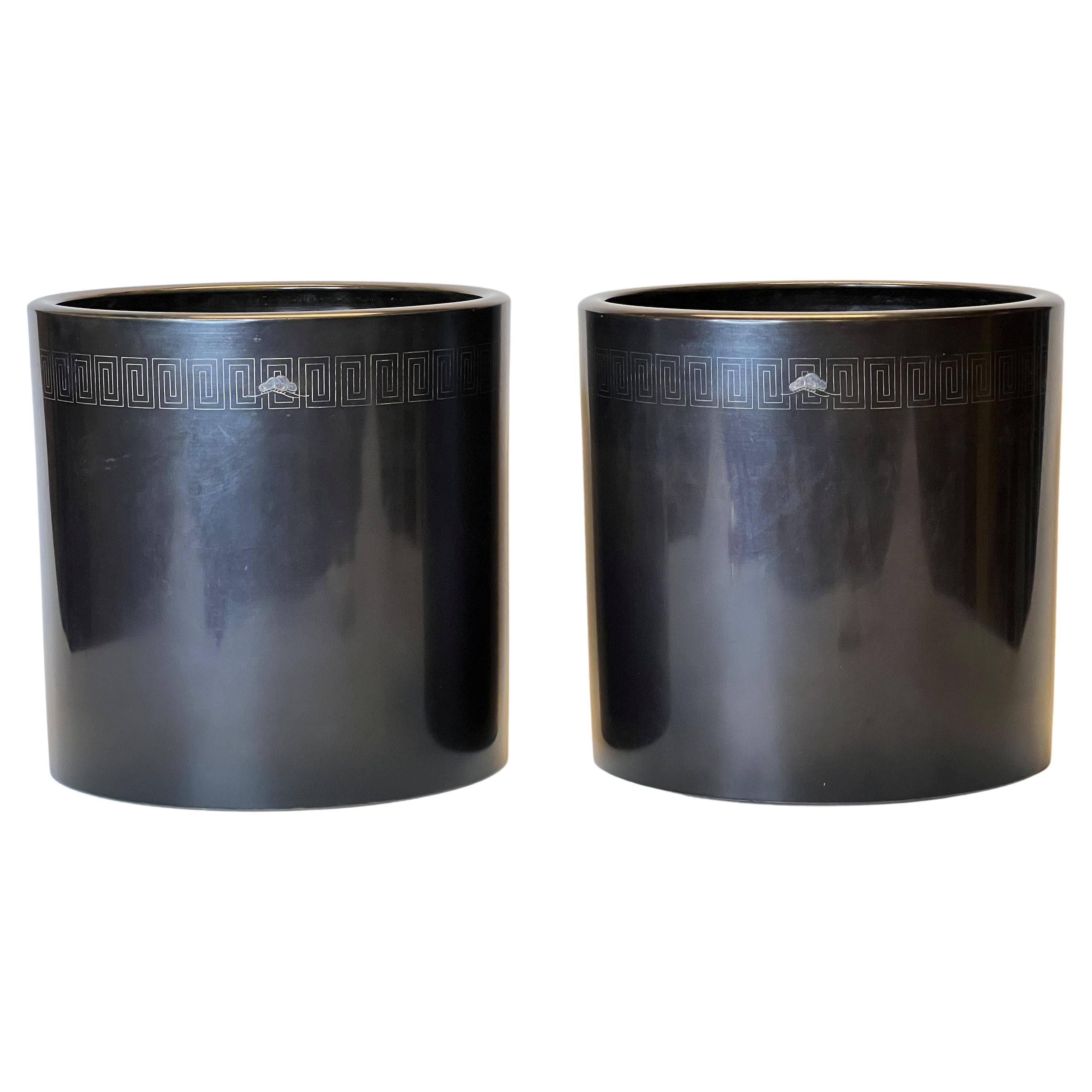 Pair Large Japanese Silver Inlaid Pots or Jardinieres For Sale