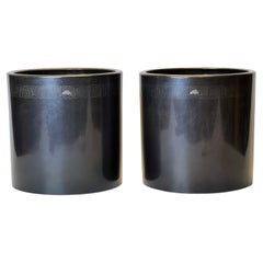 Pair Large Japanese Silver Inlaid Pots or Jardinieres