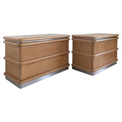 Pair large Jay Spectre bullnose oak bedside cabinets / nightstands, USA 1980s