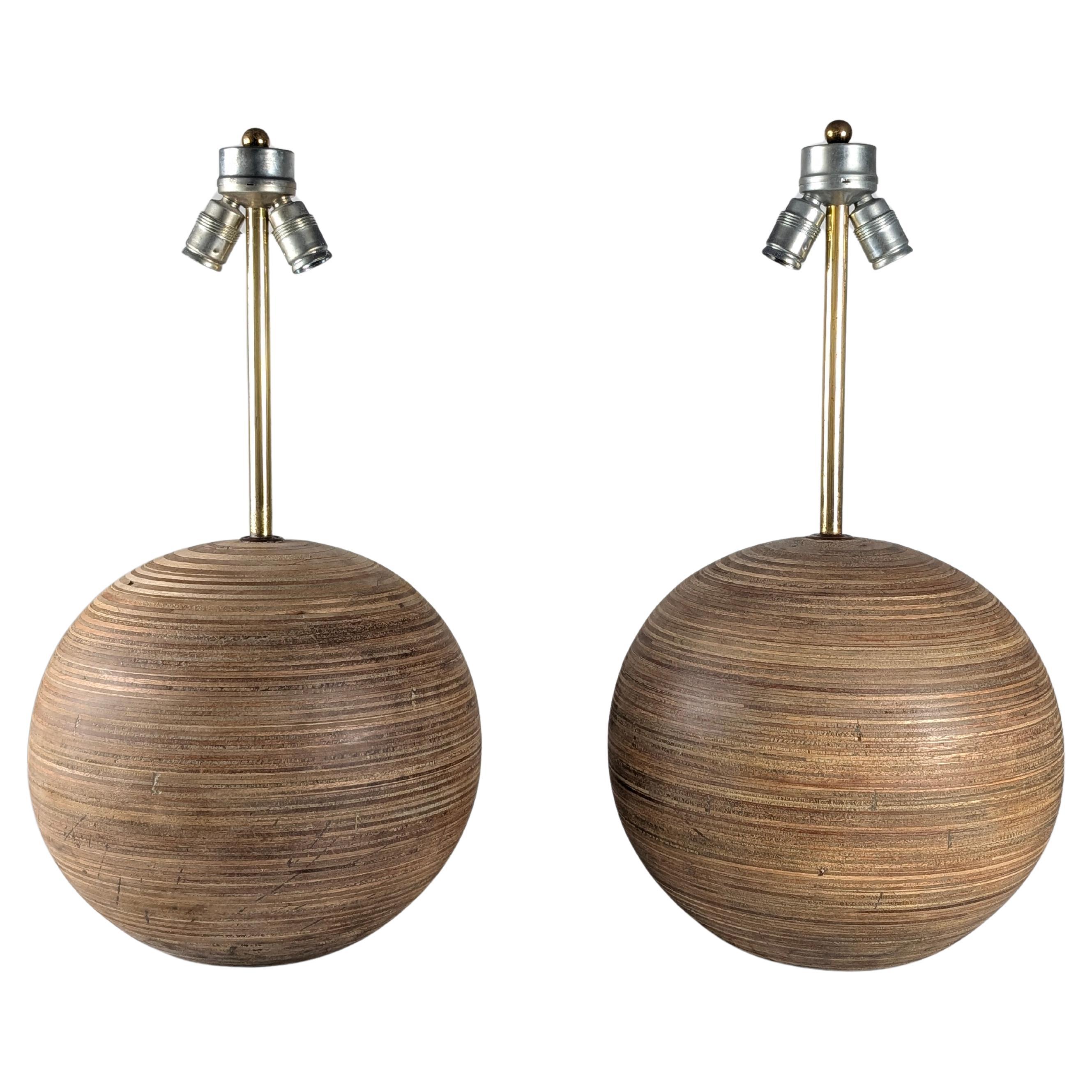 Pair Large Laminated Wood Sphere Lamp, 1960s en vente