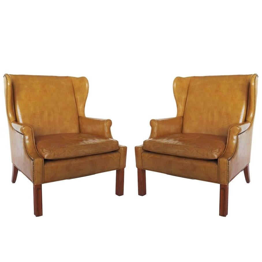 Pair Large Leather Wingback Armchairs