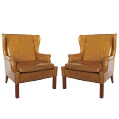 Pair Large Leather Wingback Armchairs