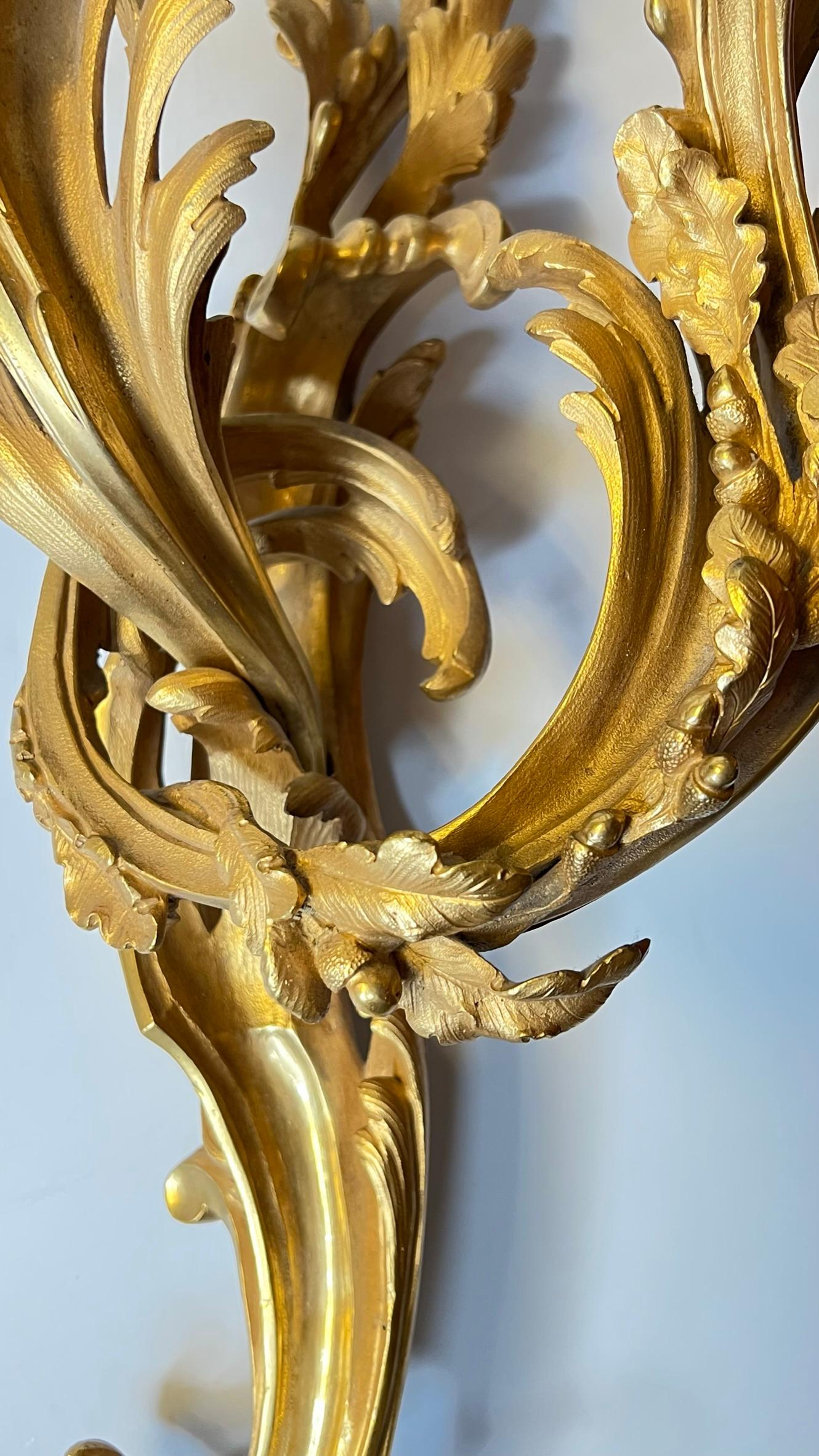 Pair Large Louis XV Rococo Gilt Bronze Three-Light Sconces For Sale 12