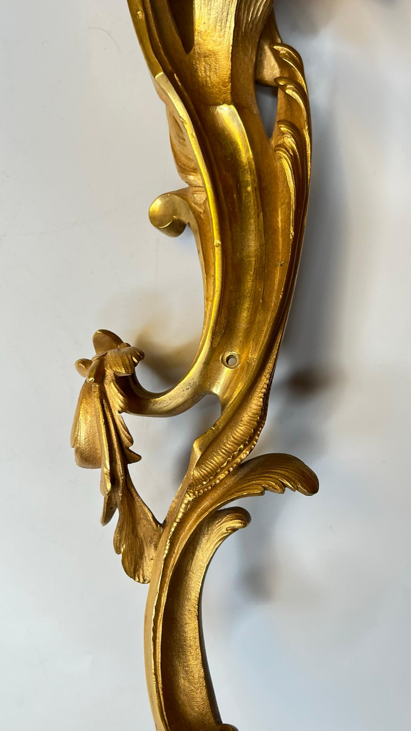 Pair Large Louis XV Rococo Gilt Bronze Three-Light Sconces For Sale 13