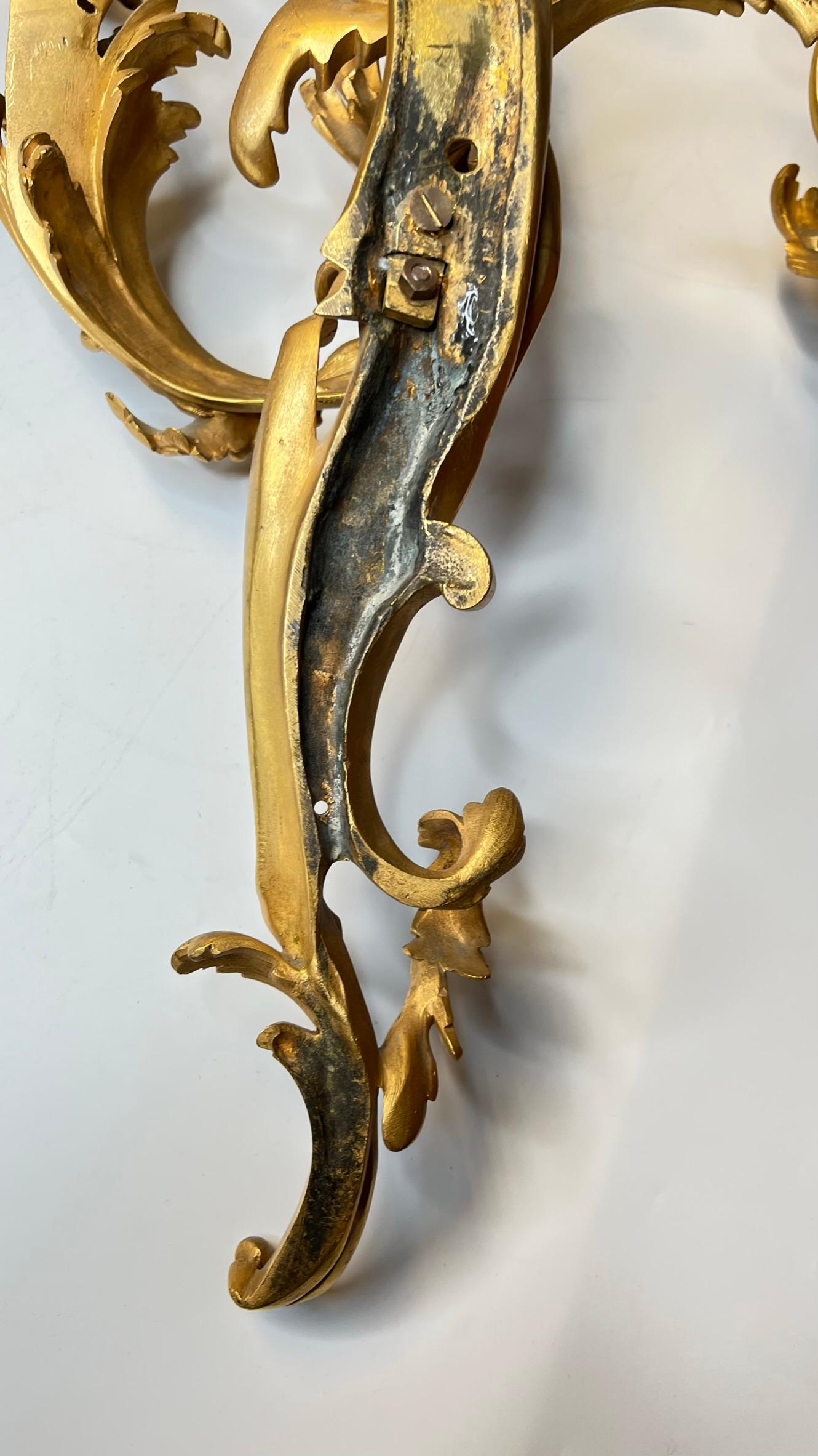 Pair Large Louis XV Rococo Gilt Bronze Three-Light Sconces For Sale 16