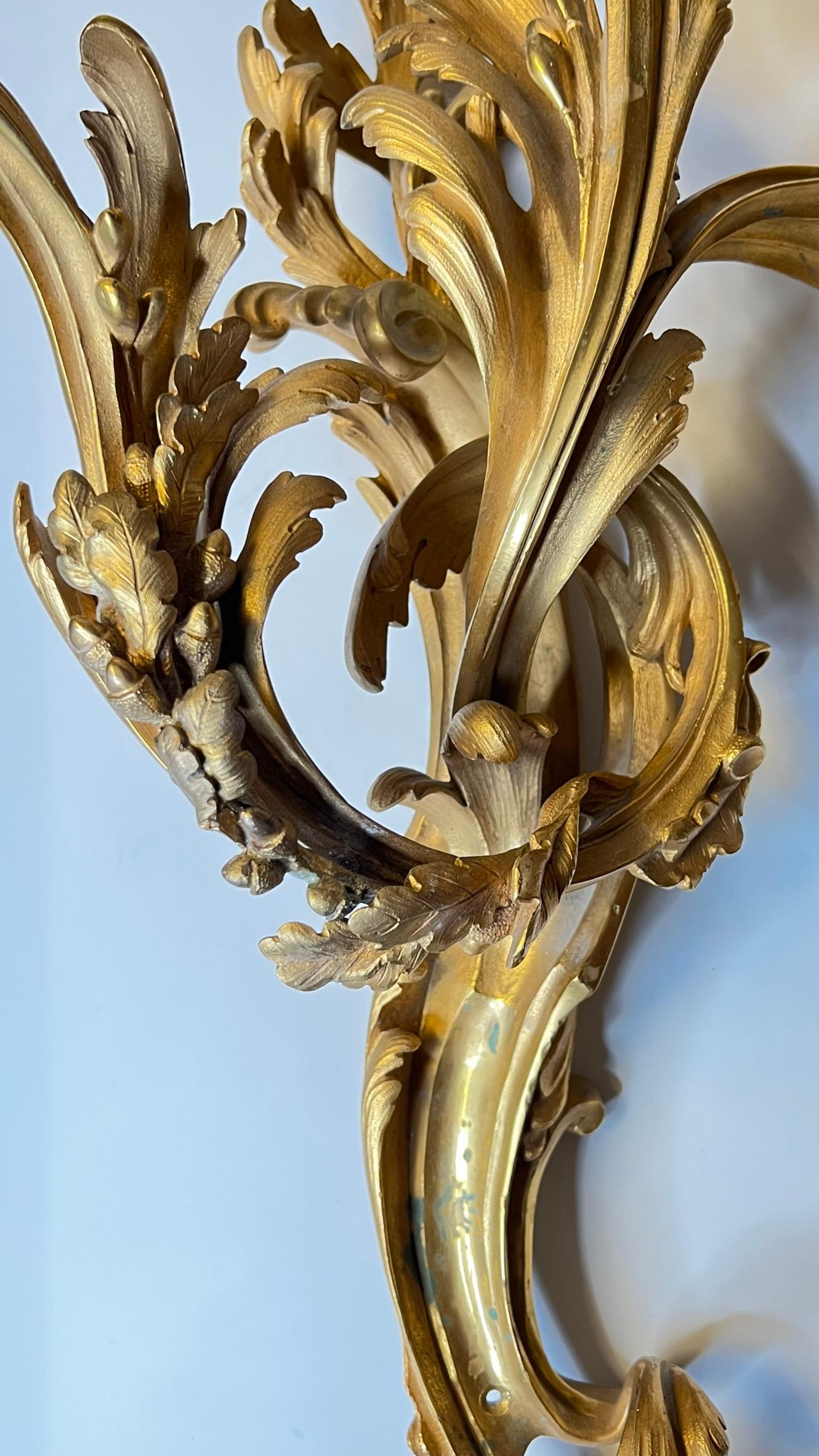 Pair Large Louis XV Rococo Gilt Bronze Three-Light Sconces For Sale 4