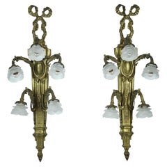 Pair Large Louis XVI 1800s Brass Wall Sconces 5 Lights Each
