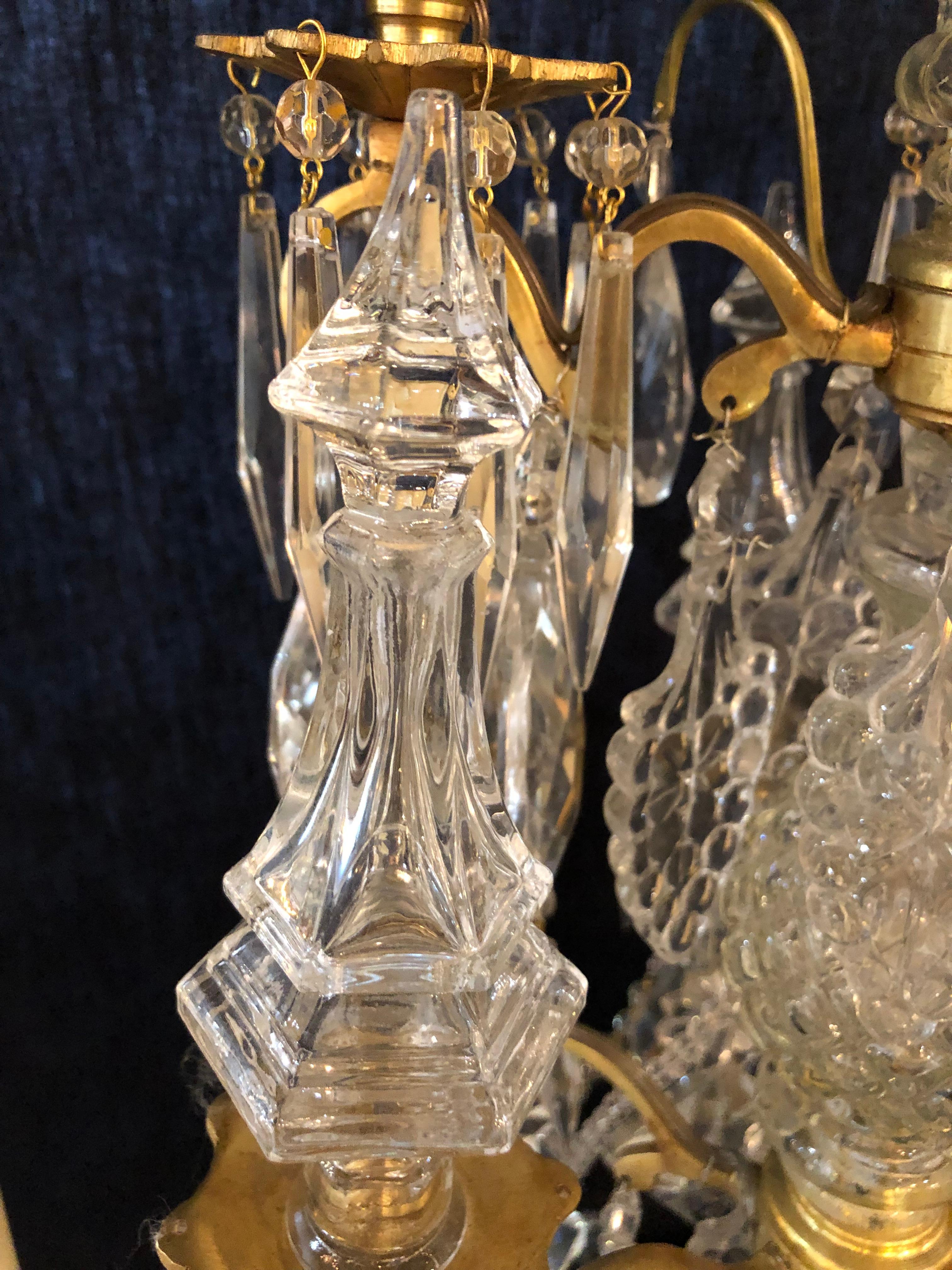 Pair of Large Louis XVI Style 12-Light Candelabrum Table Lamps Brass and Crystal 8