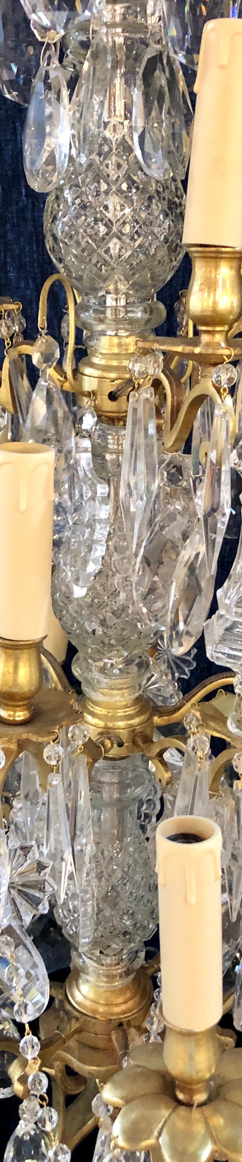 Pair of Large Louis XVI Style 12-Light Candelabrum Table Lamps Brass and Crystal 12