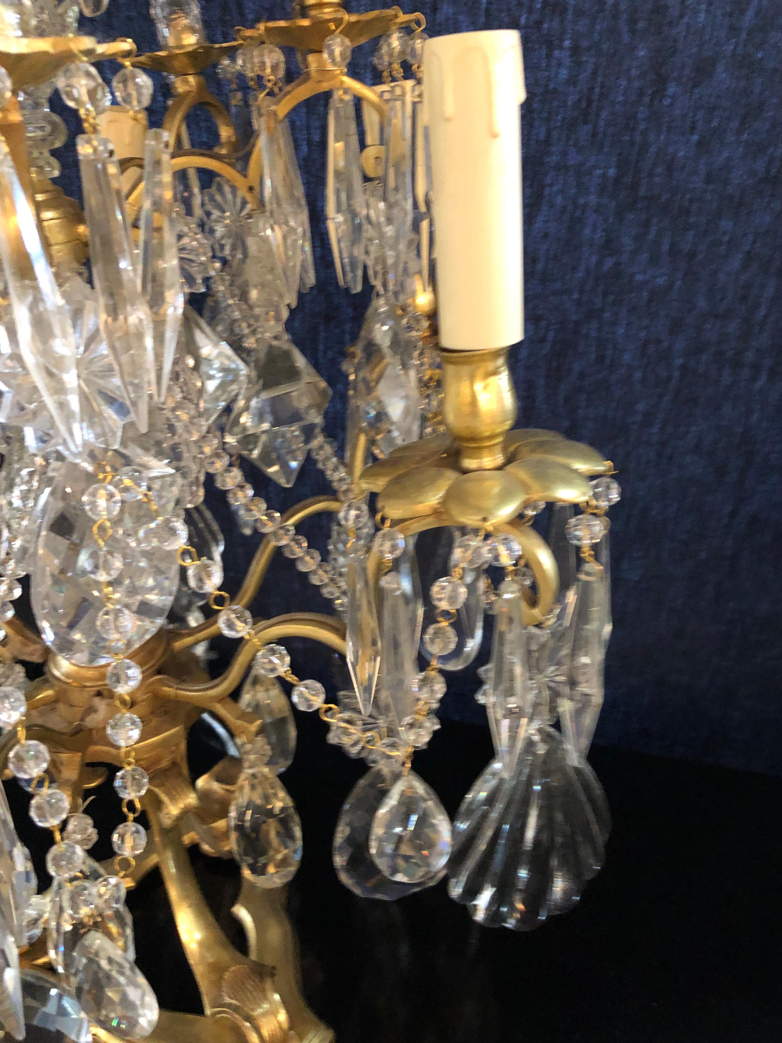 Pair of Large Louis XVI Style 12-Light Candelabrum Table Lamps Brass and Crystal 13