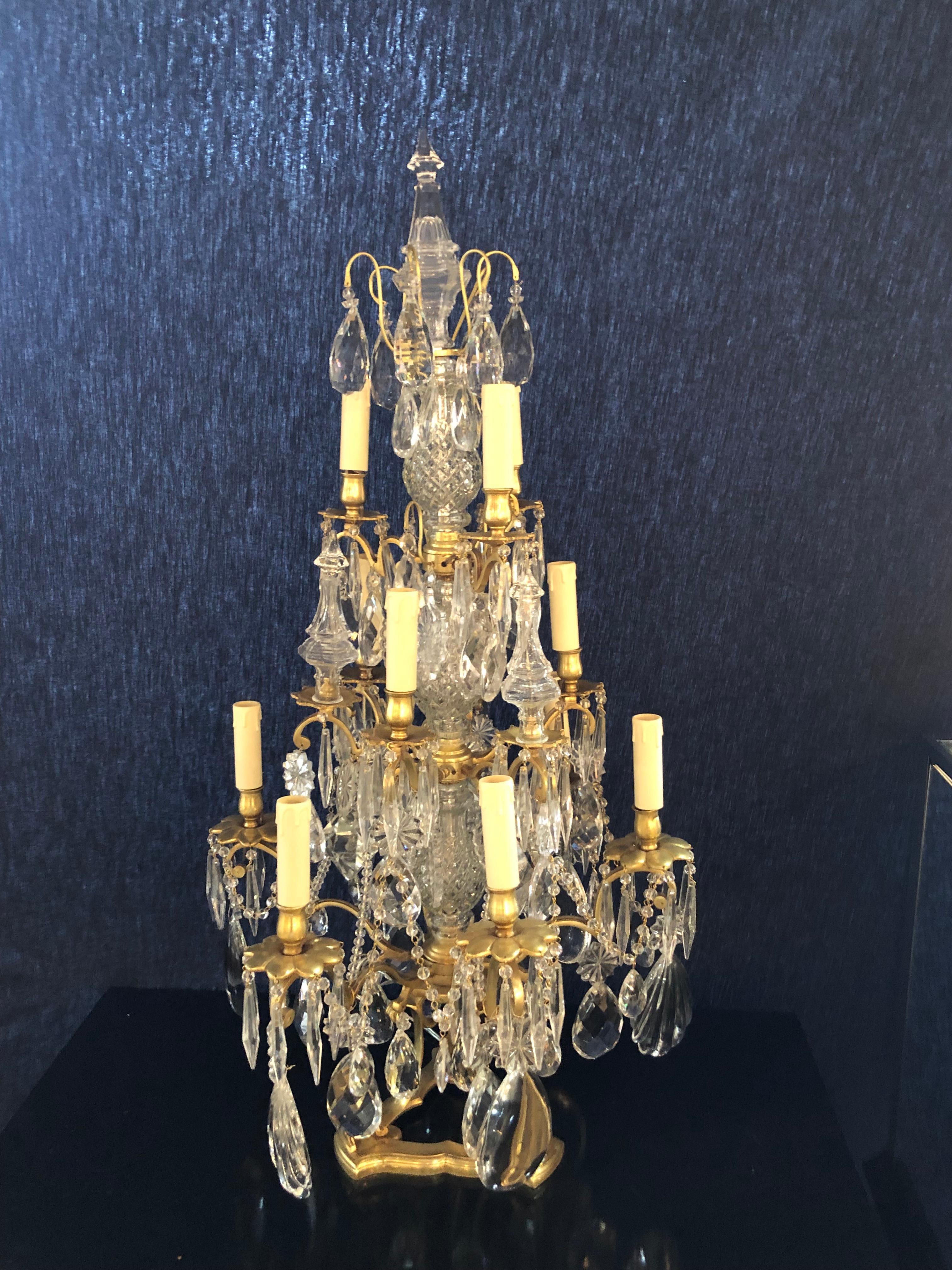 Hollywood Regency Pair of Large Louis XVI Style 12-Light Candelabrum Table Lamps Brass and Crystal