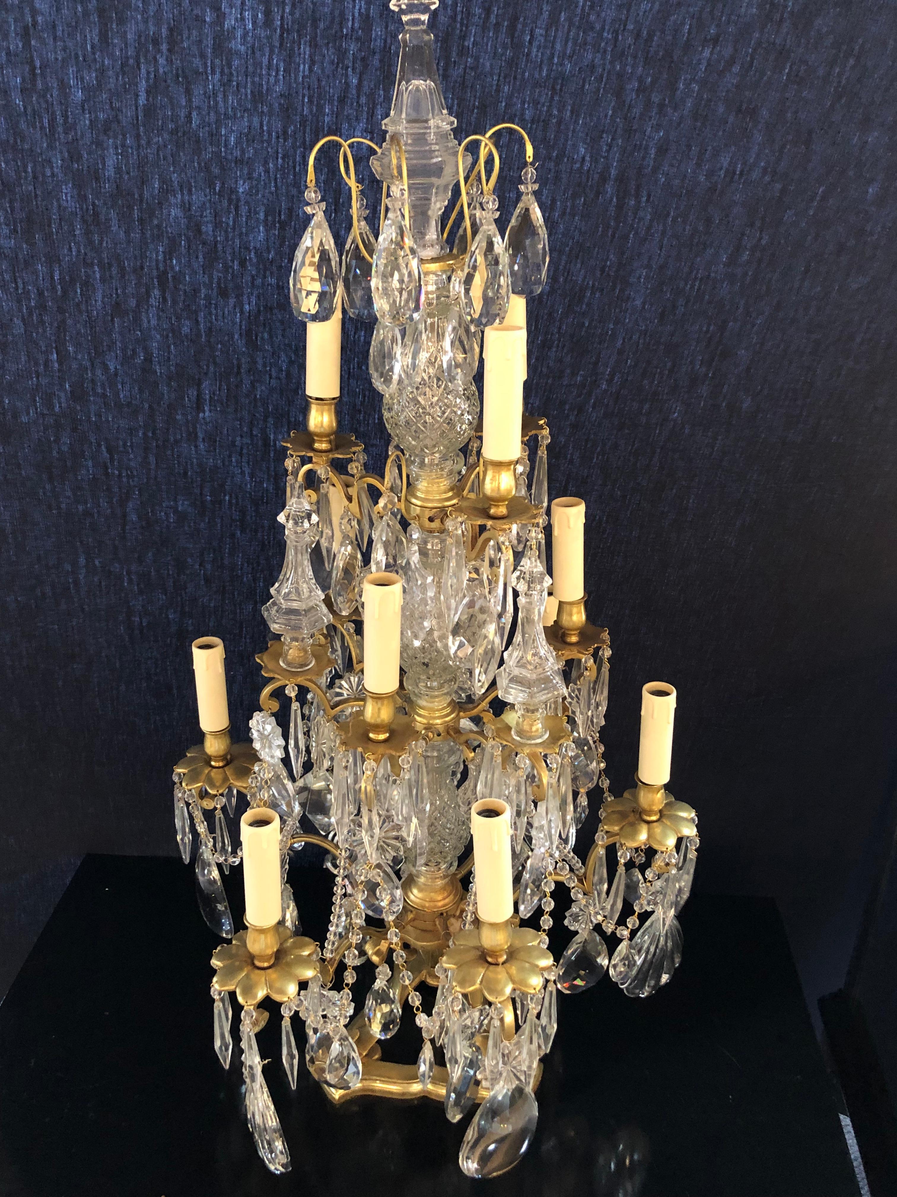 Pair of Large Louis XVI Style 12-Light Candelabrum Table Lamps Brass and Crystal In Good Condition In Stamford, CT