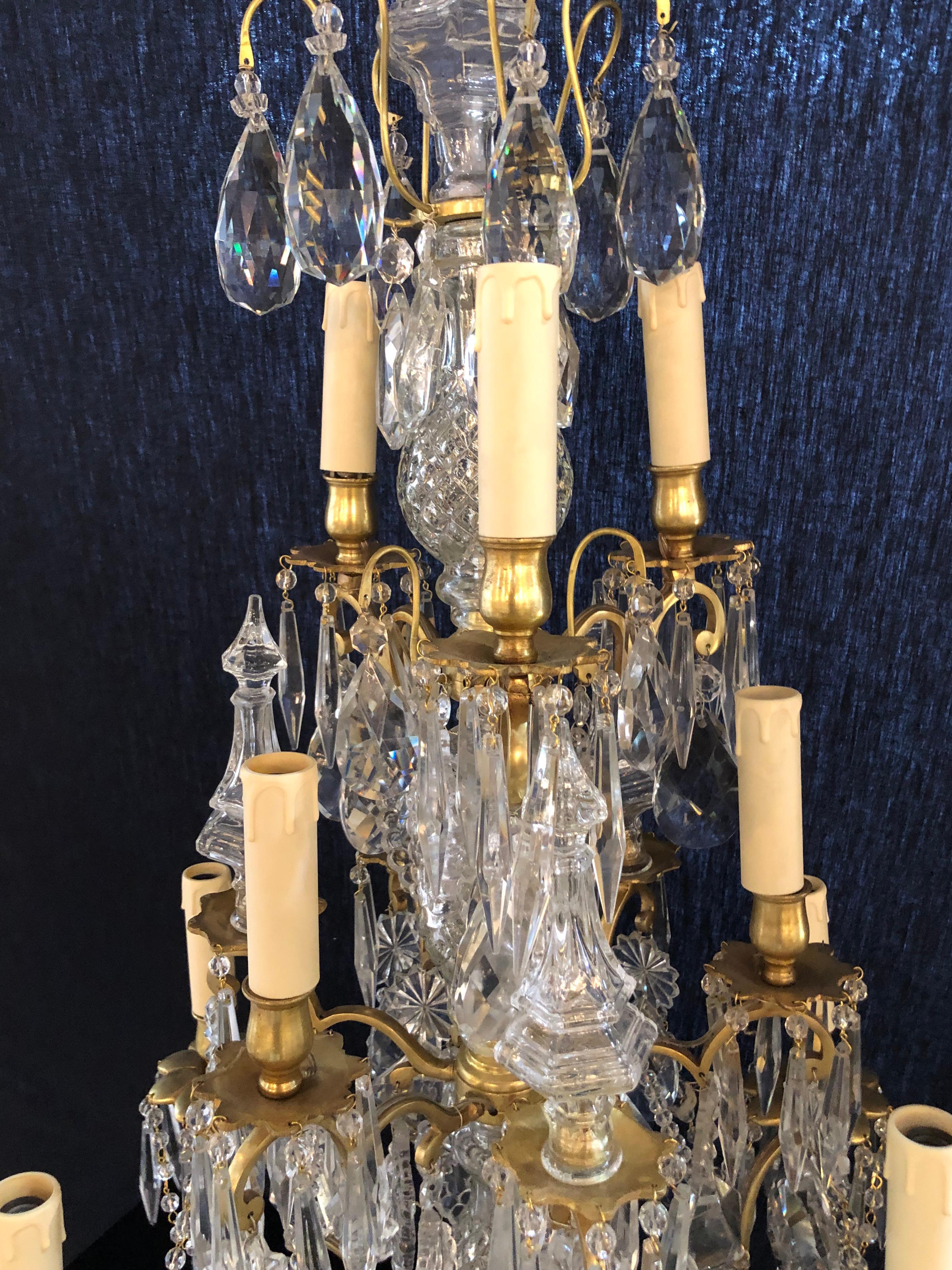 20th Century Pair of Large Louis XVI Style 12-Light Candelabrum Table Lamps Brass and Crystal