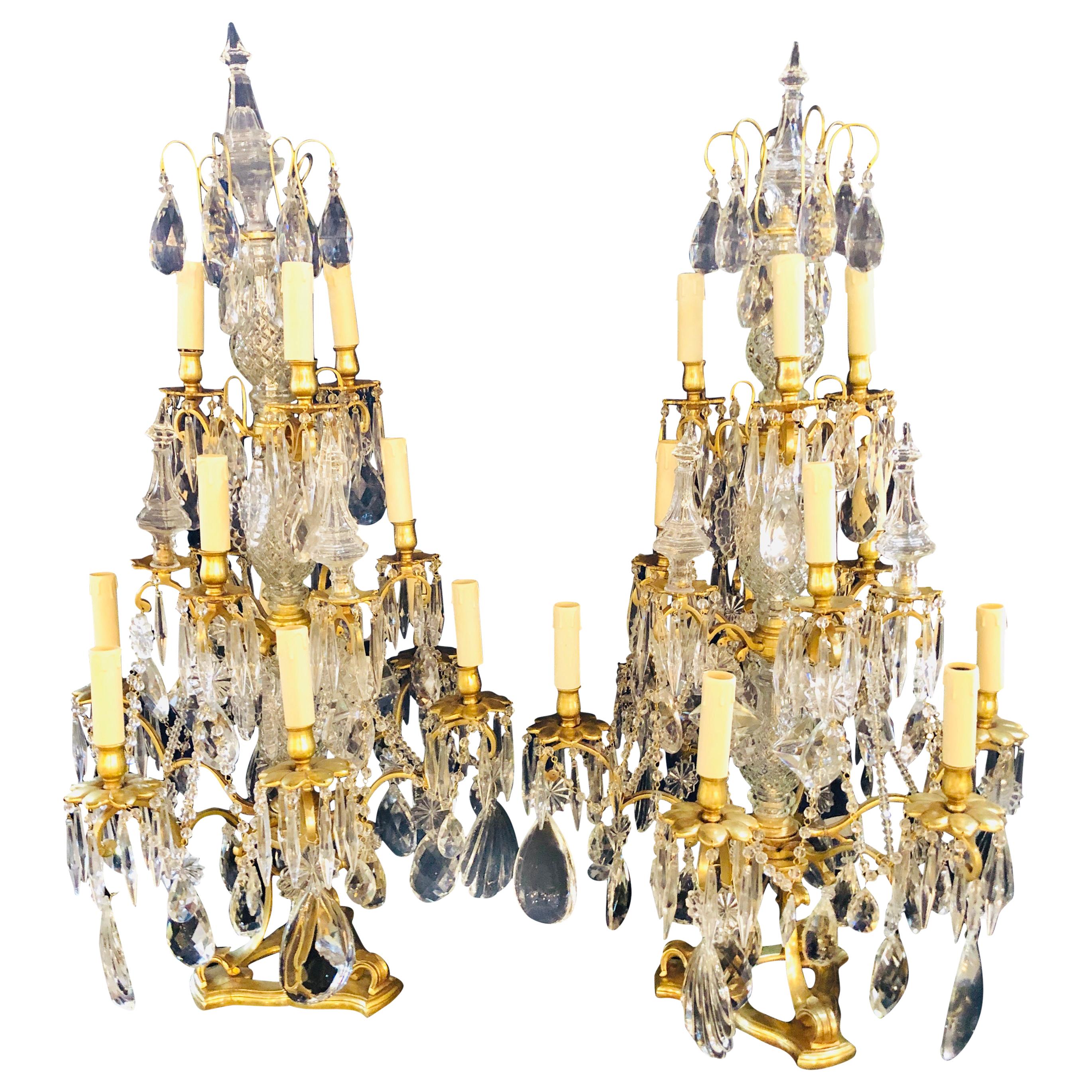 Pair of Large Louis XVI Style 12-Light Candelabrum Table Lamps Brass and Crystal