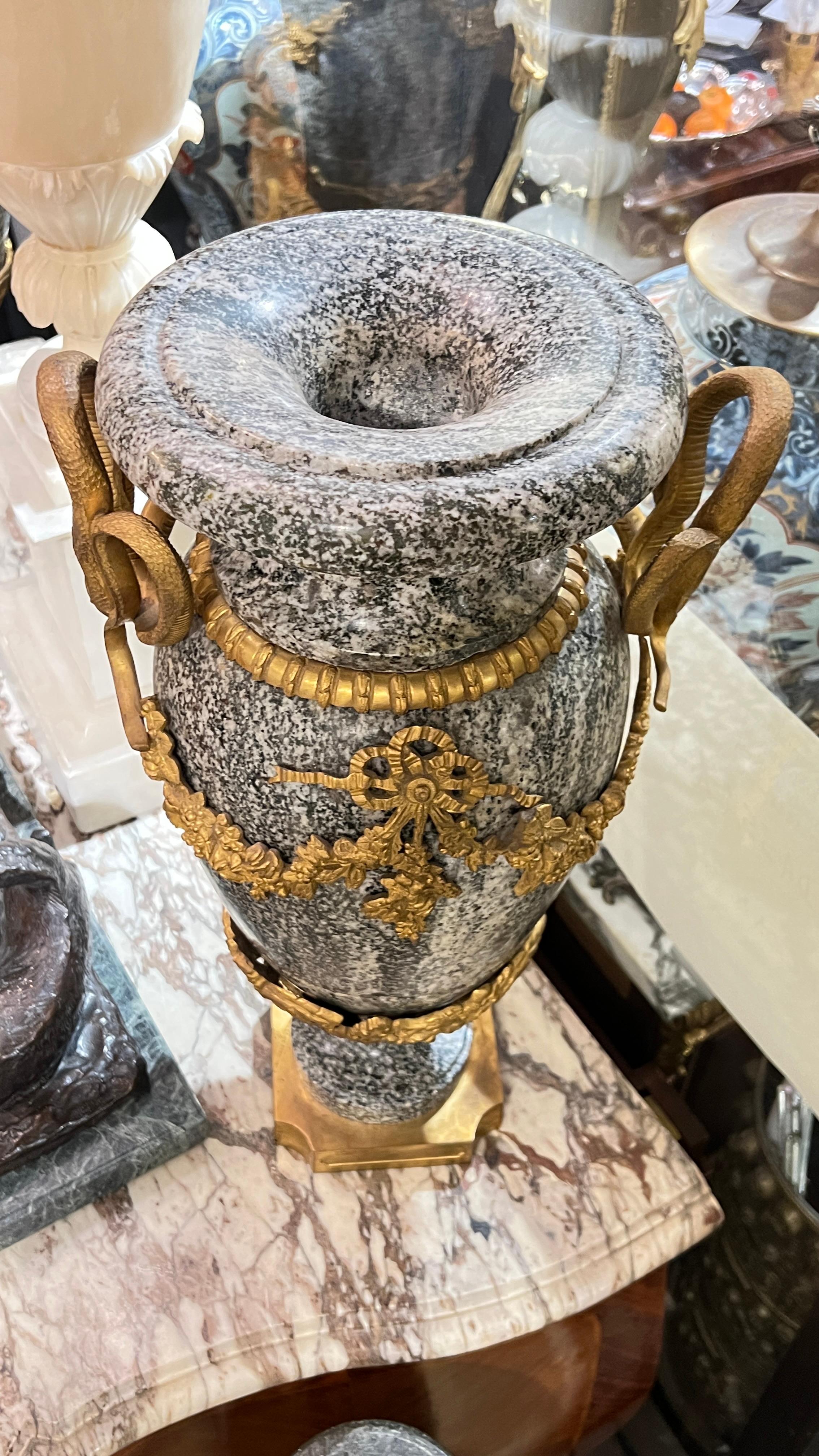 Pair Large Louis XVI Style Gilt Bronze Mounted Charcoal and White Marble Vases For Sale 5